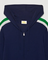 Hoodie zippé à bande manches brassard en laine mérinos - Navy