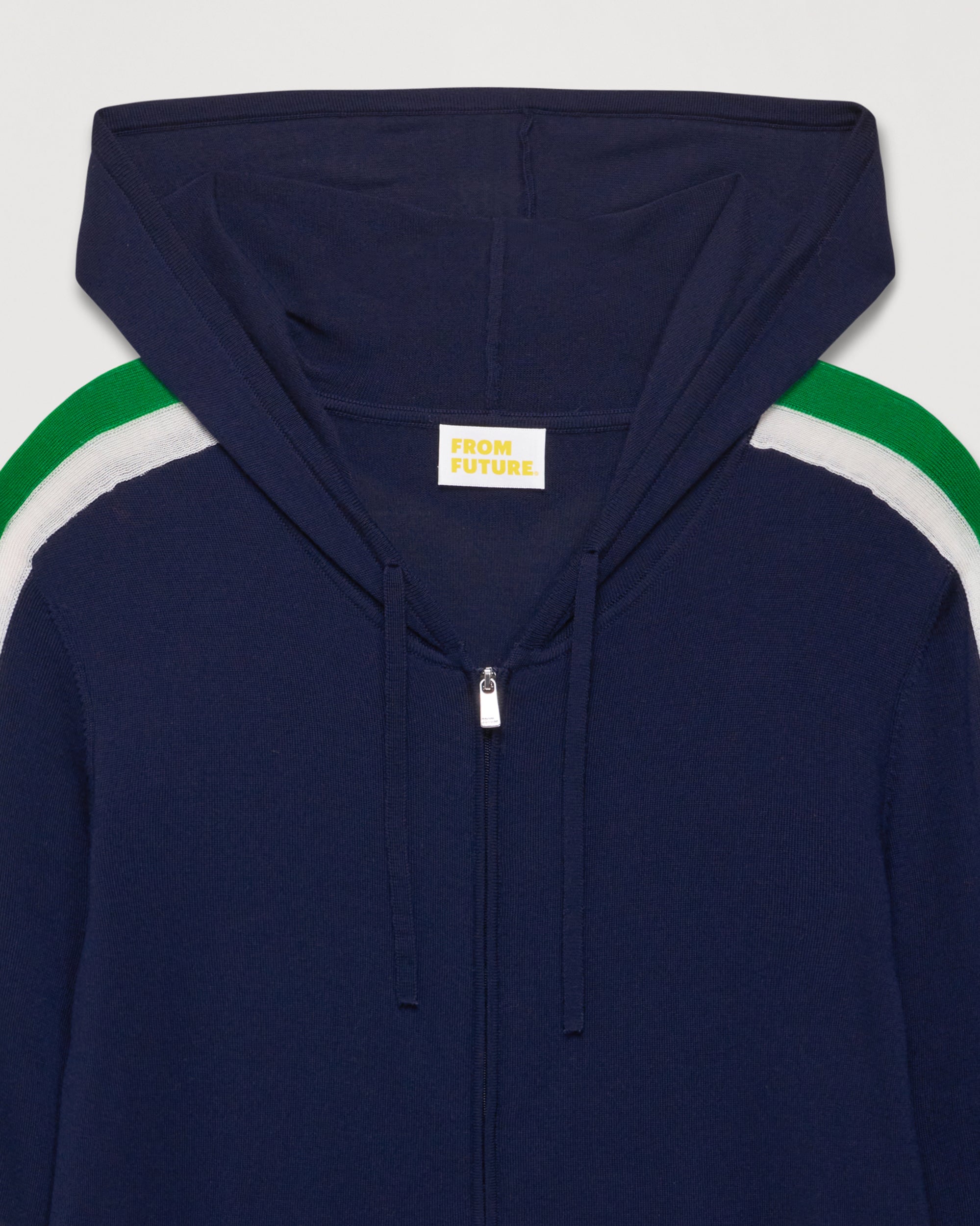 Hoodie zippé à bande manches brassard en laine mérinos - Navy