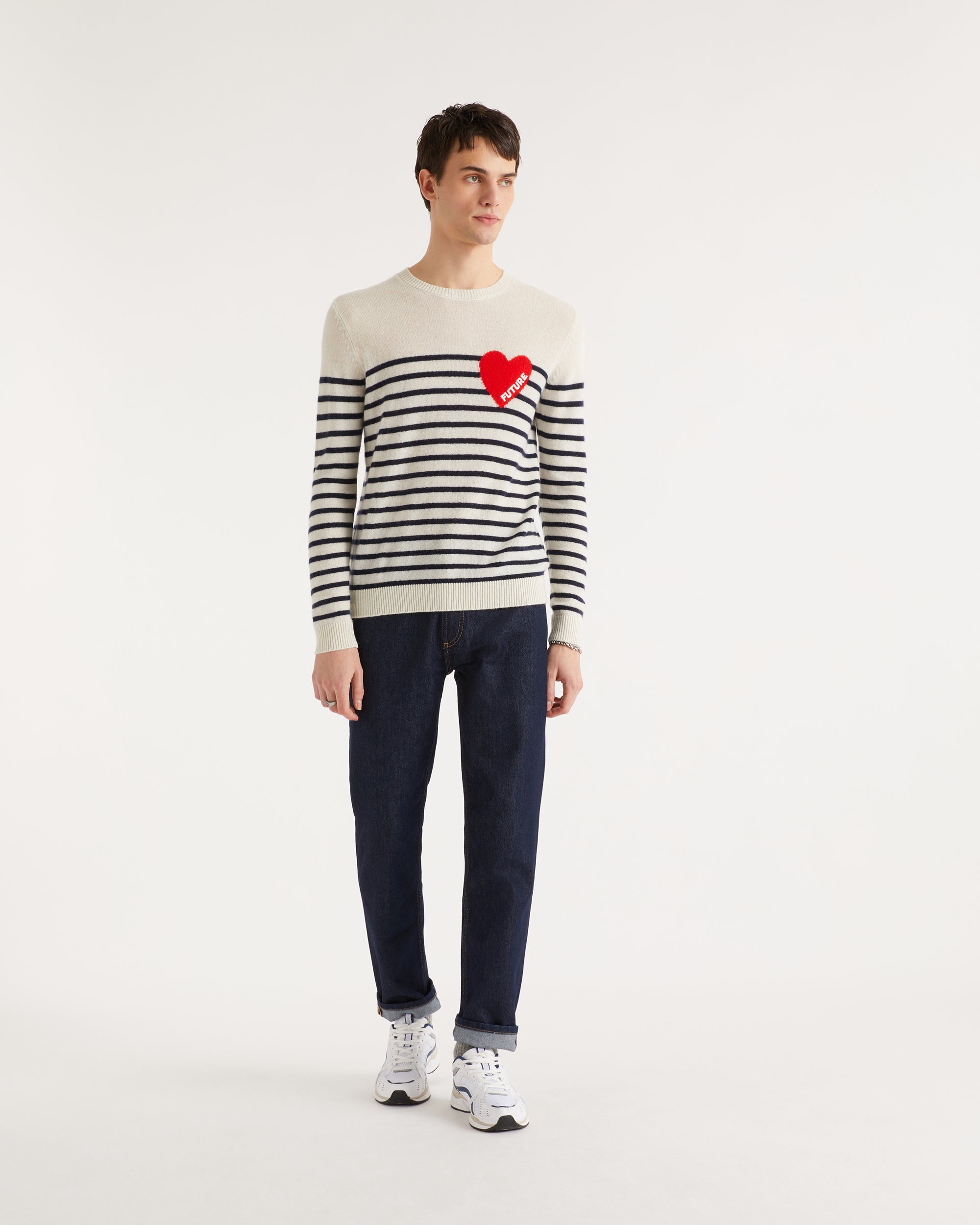 Pull marinière à coeur en cachemire - Ecru