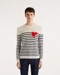 Pull marinière à coeur en cachemire - Ecru