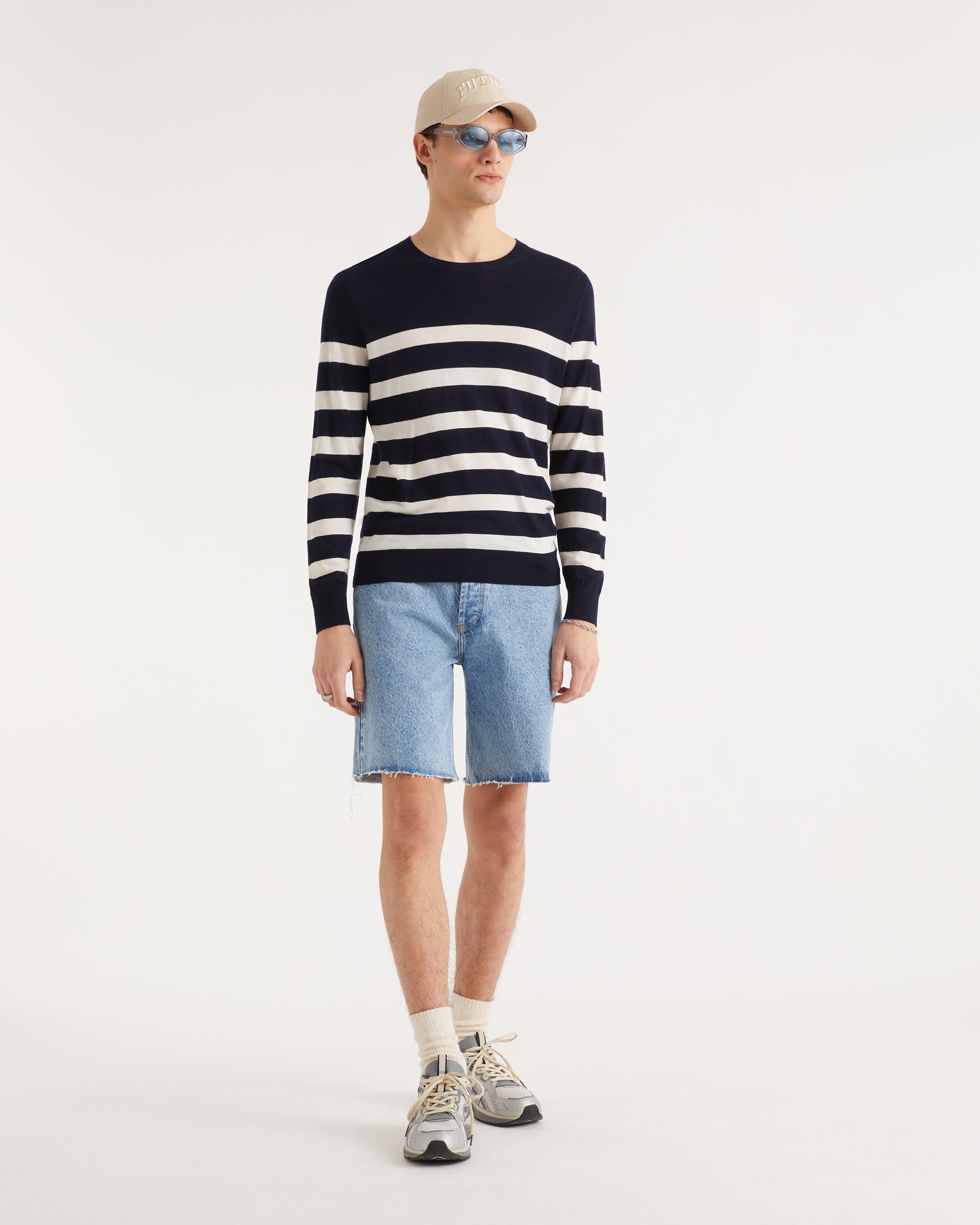 Pull à rayures en laine mérinos - Navy