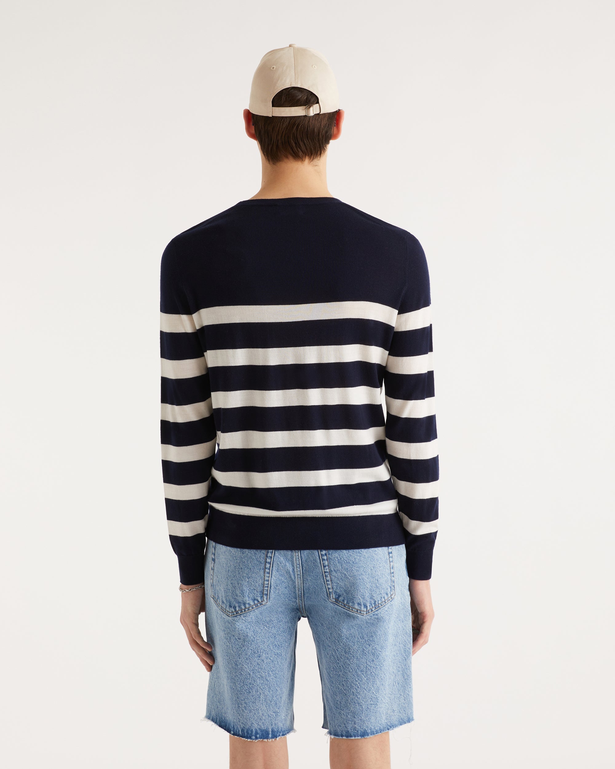Pull à rayures en laine mérinos - Navy