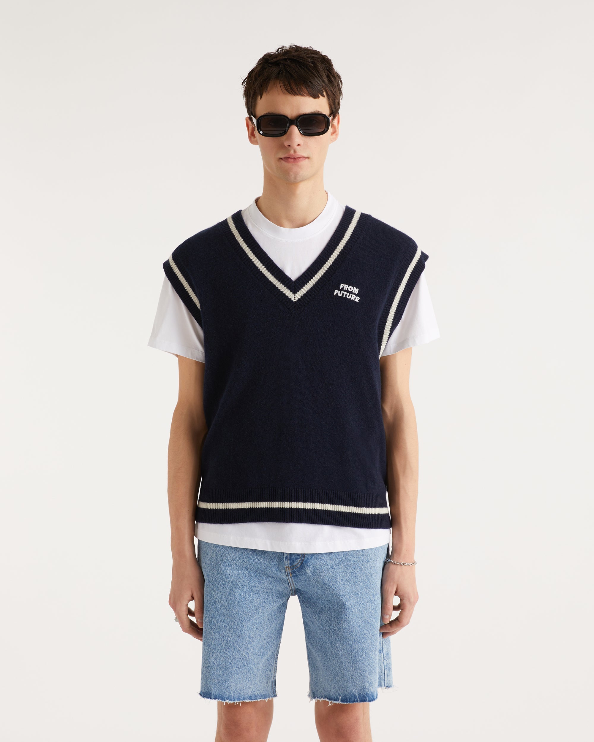 Pull sans manches à col V en cachemire - Navy