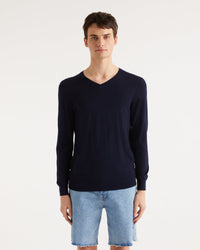 Pull classique à col V en laine mérinos - Navy