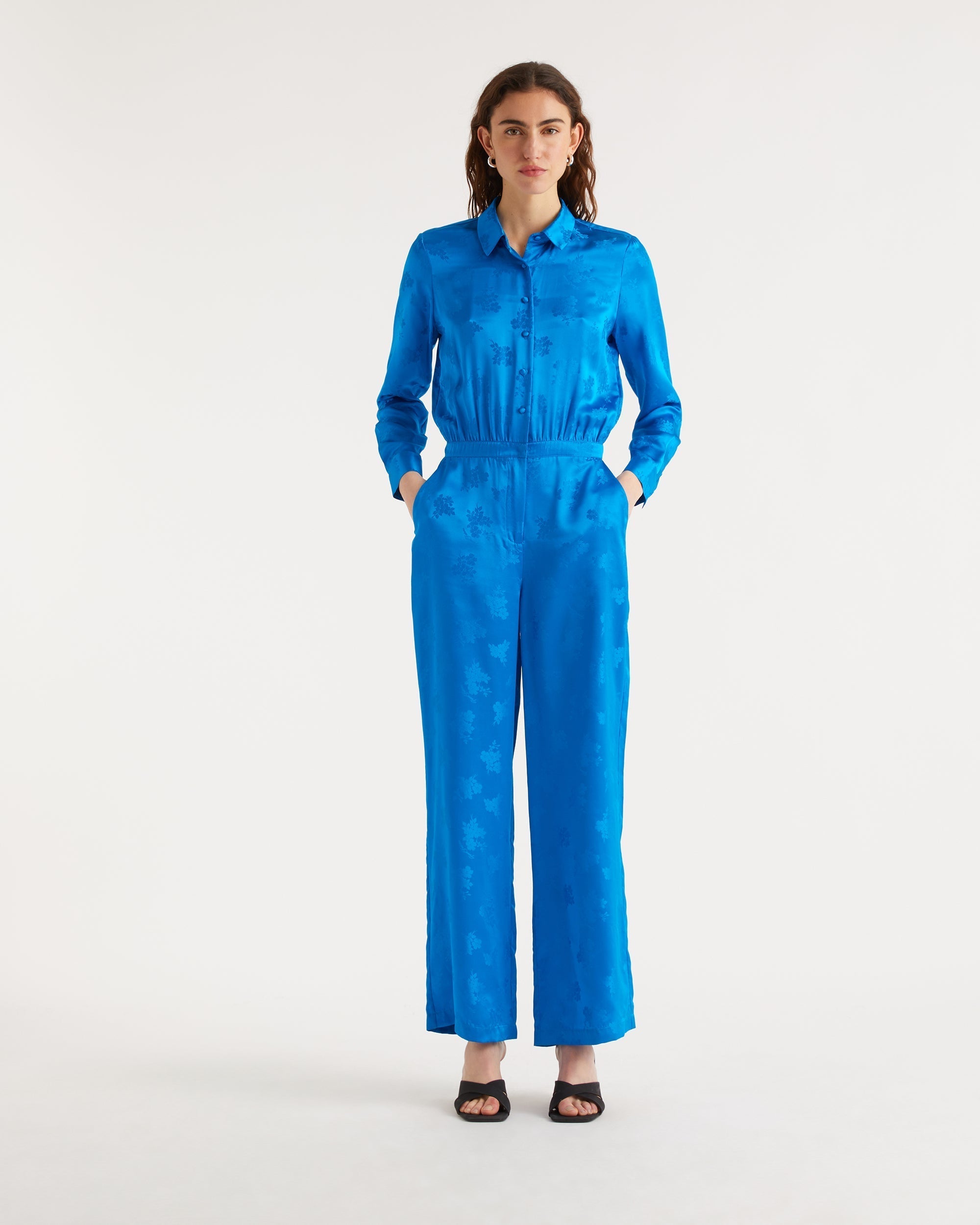 Combi-pantalon à motif fleuri en soie - Blue Jacquard