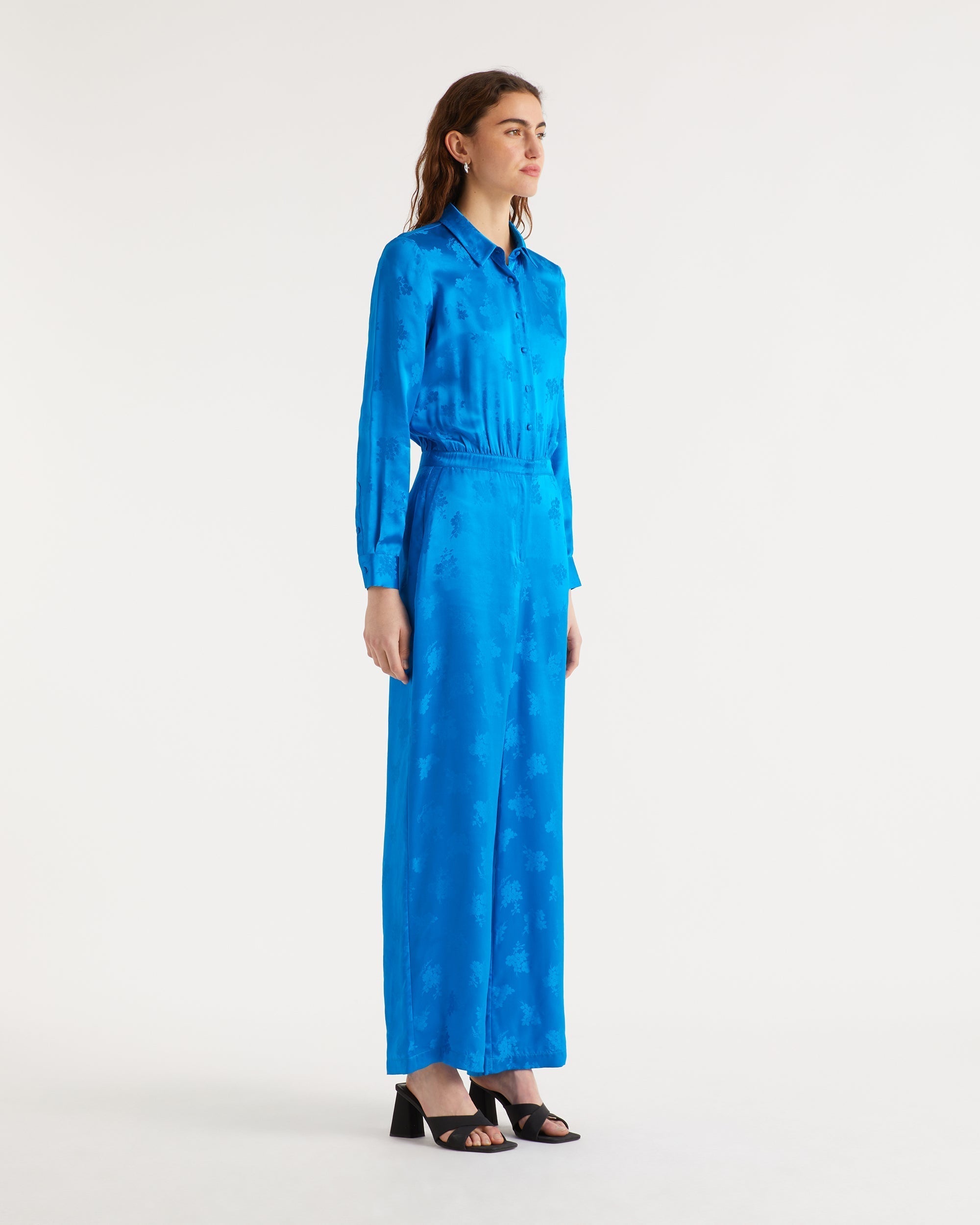 Combi-pantalon à motif fleuri en soie - Blue Jacquard