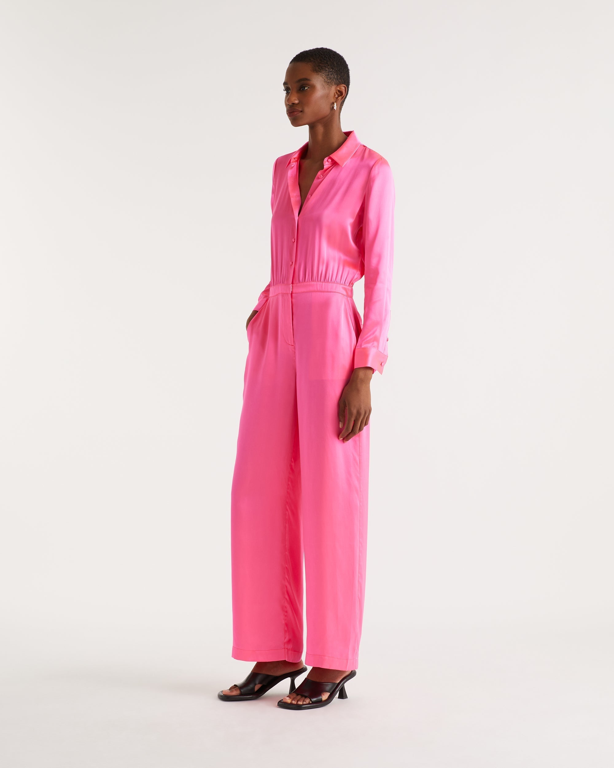 Combi-pantalon à motif fleuri en soie - Neon Pink
