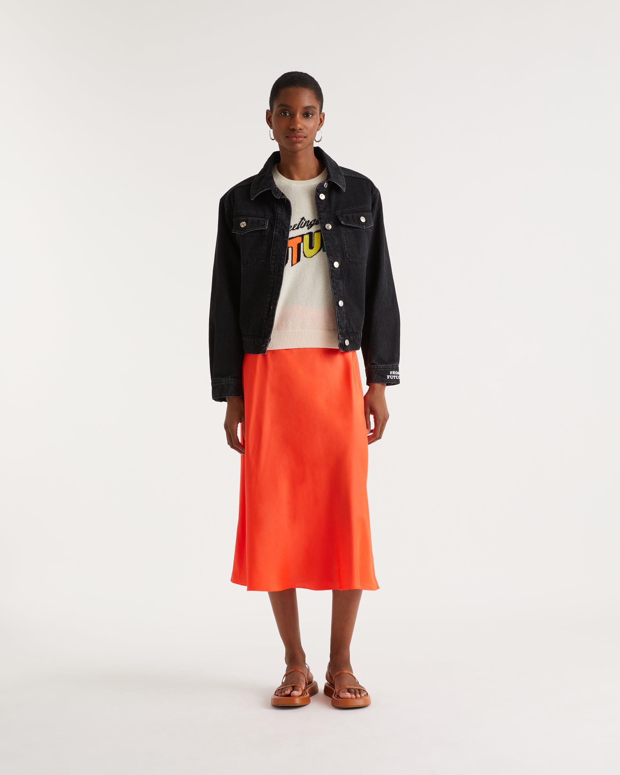 Jupe mi longue Carmen en soie - Neon Orange