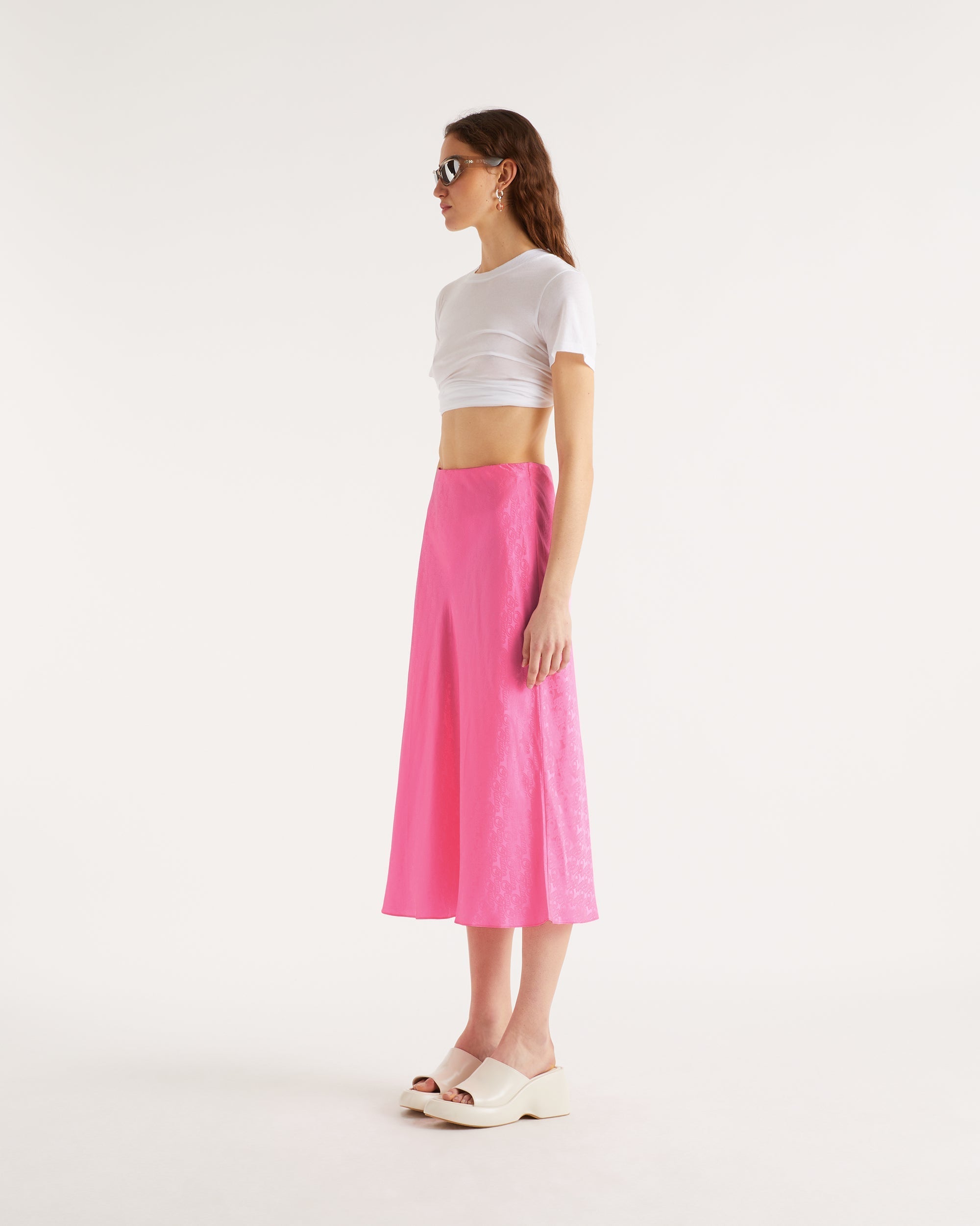 Jupe mi longue Carmen en soie - Pink Jacquard