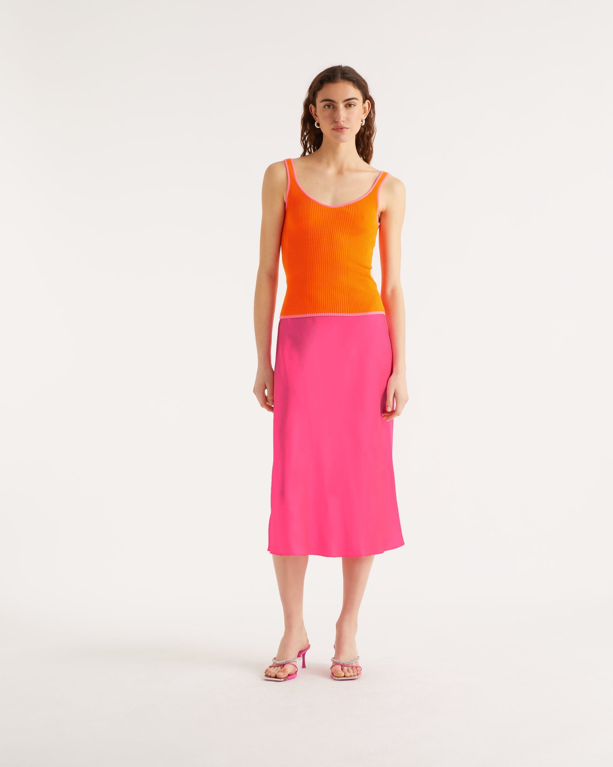 Jupe mi longue Gina en soie - Neon Pink