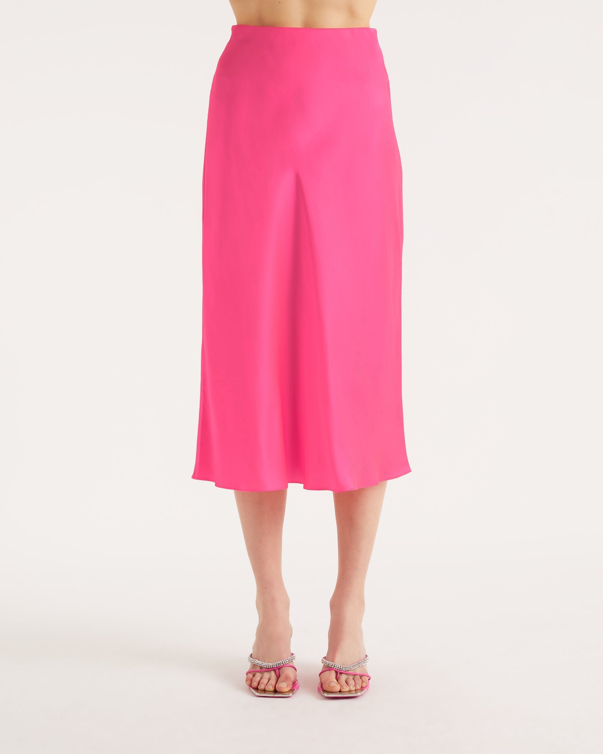 Jupe mi longue Gina en soie - Neon Pink