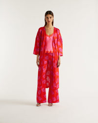 Kimono Katie à motif fleuri en soie - Red Poppy