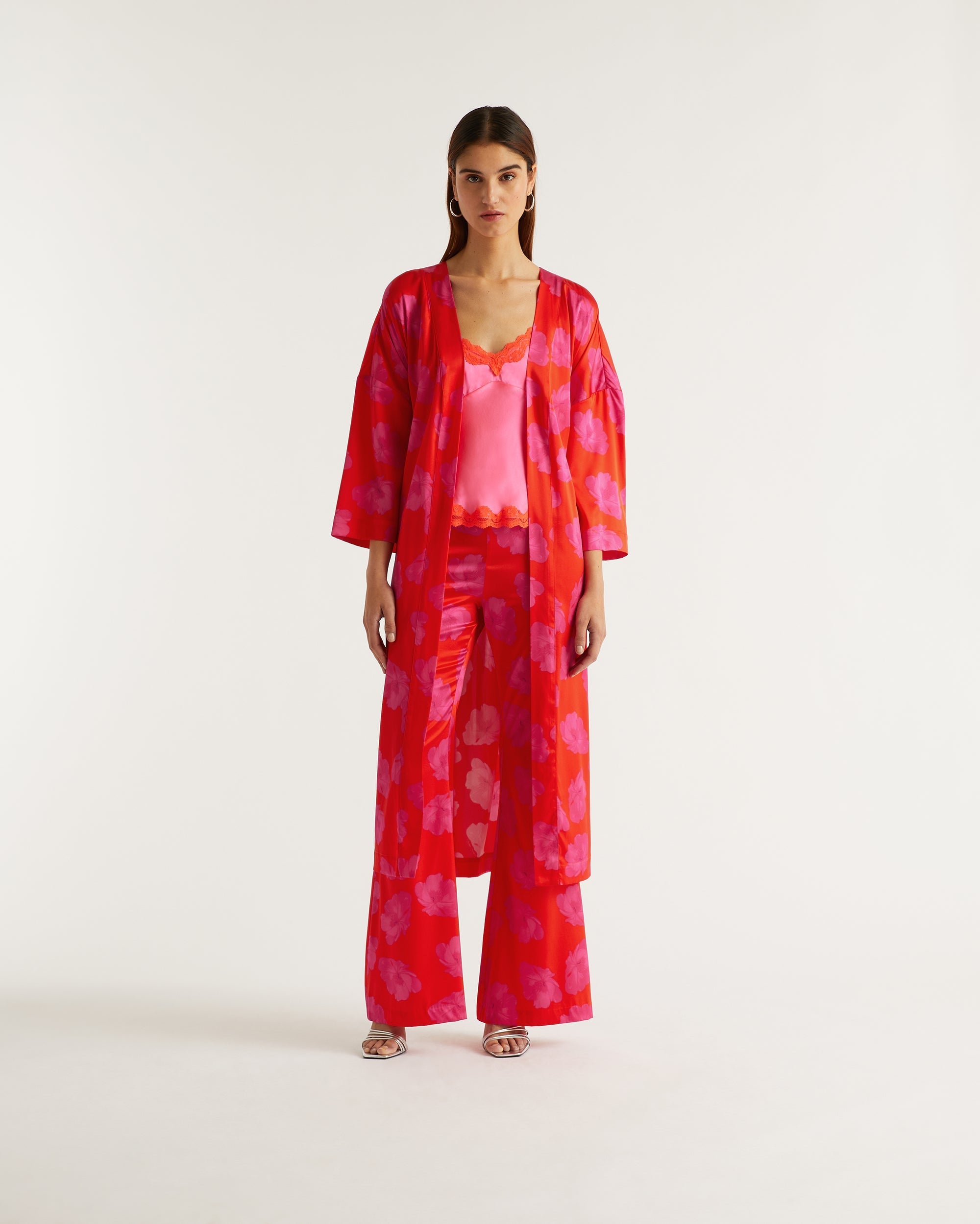 Kimono Katie à motif fleuri en soie - Red Poppy