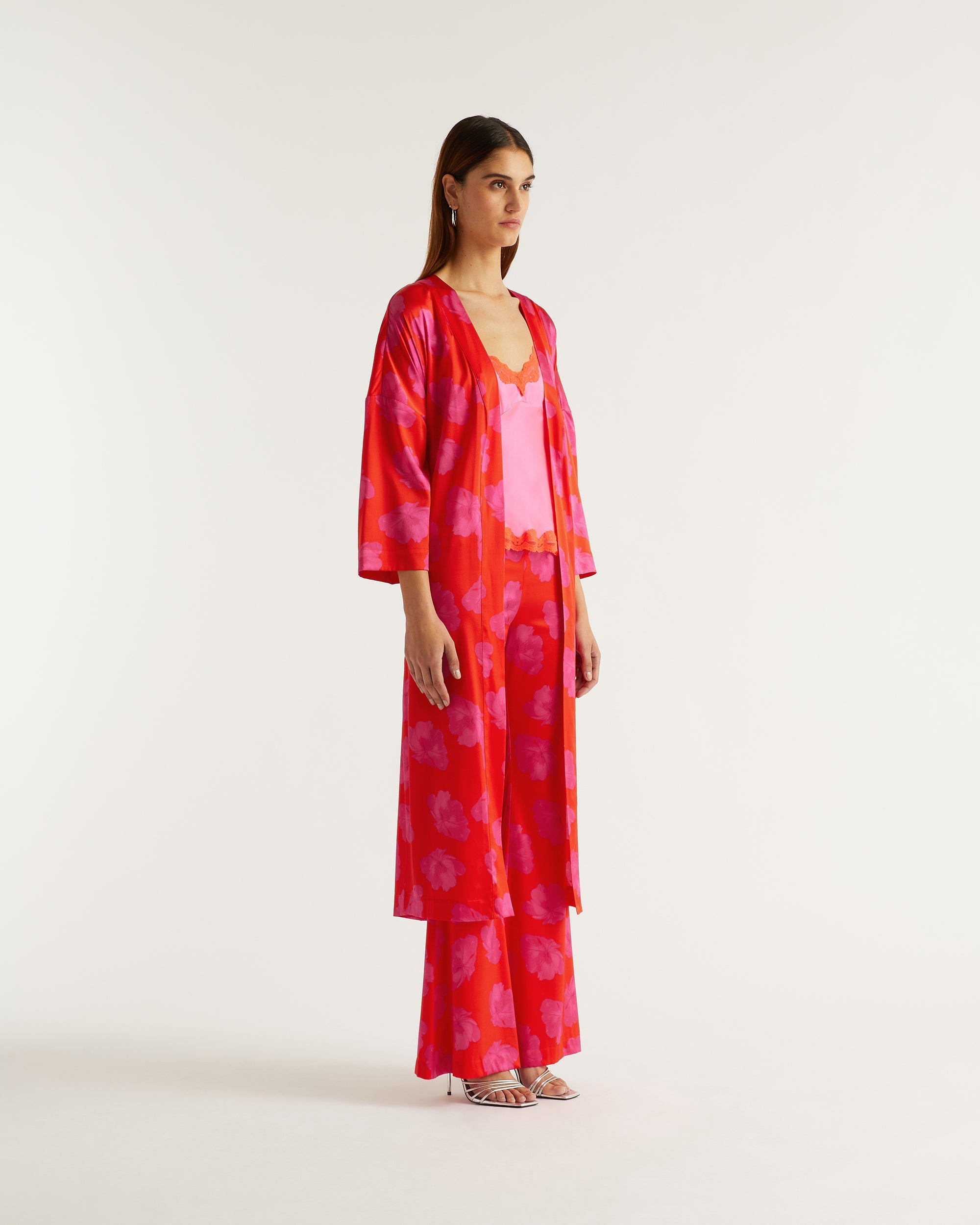 Kimono Katie à motif fleuri en soie - Red Poppy