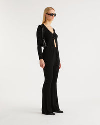 Pantalon flare à côtes en laine mérinos - Black