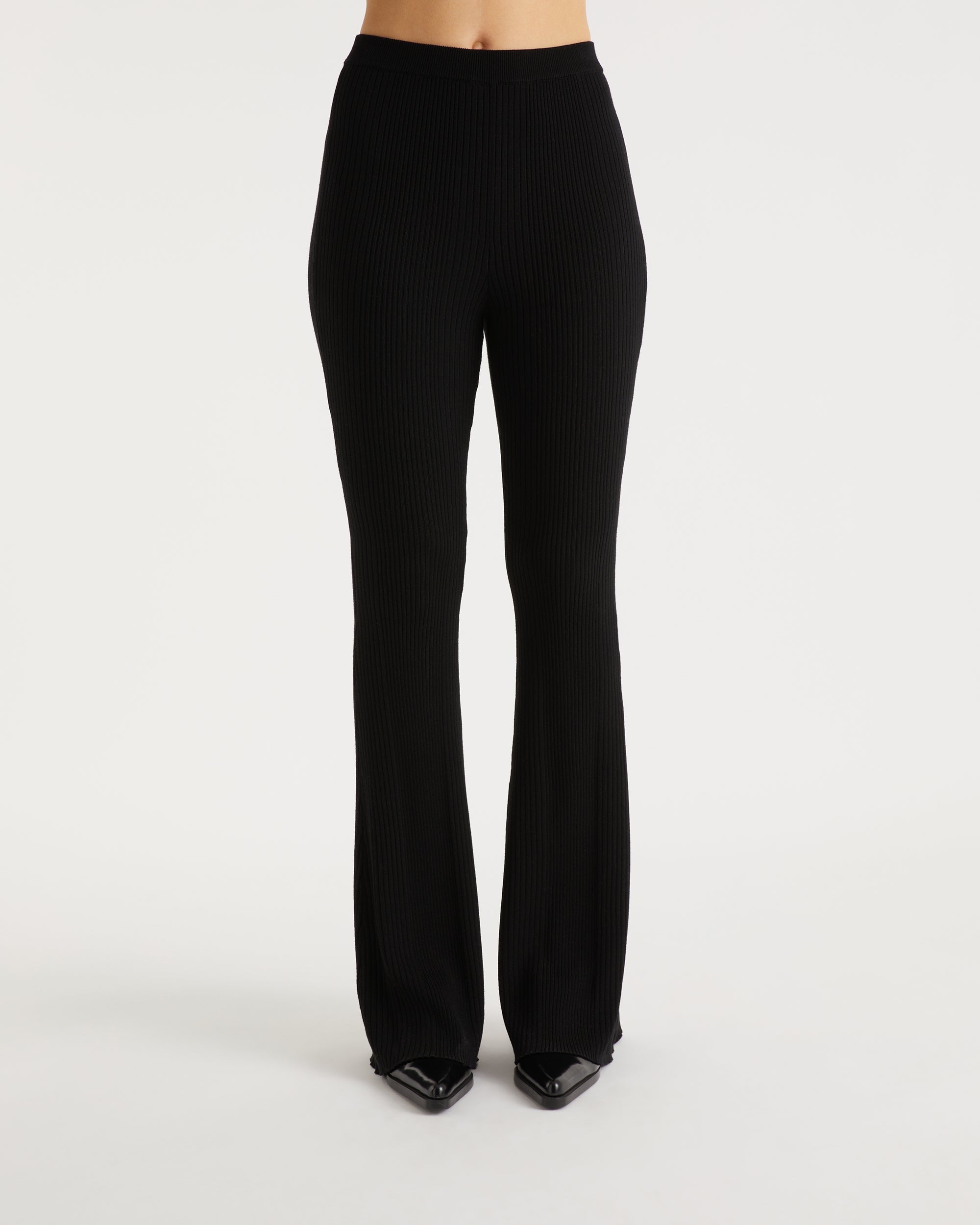 Pantalon flare à côtes en laine mérinos - Black