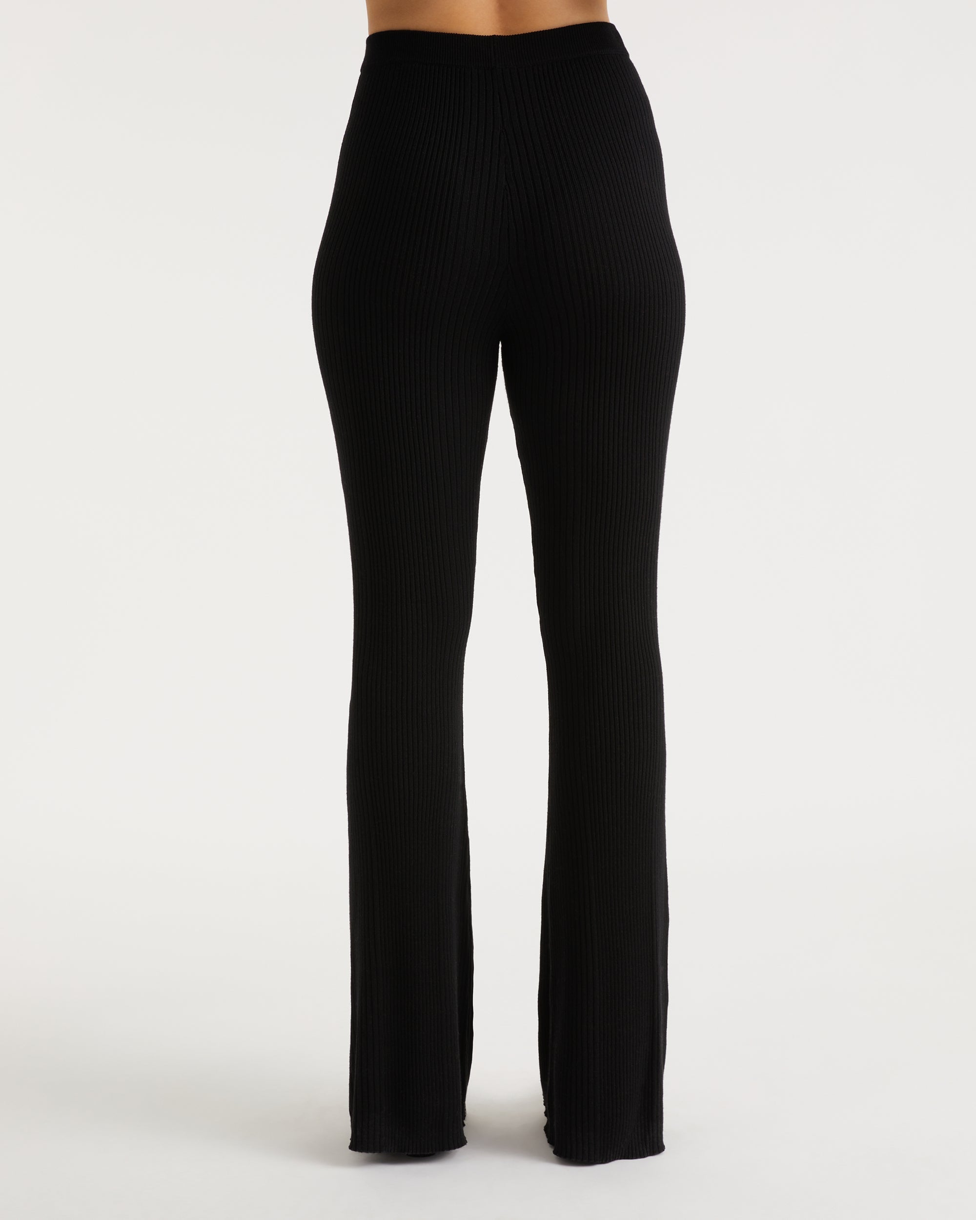 Pantalon flare à côtes en laine mérinos - Black