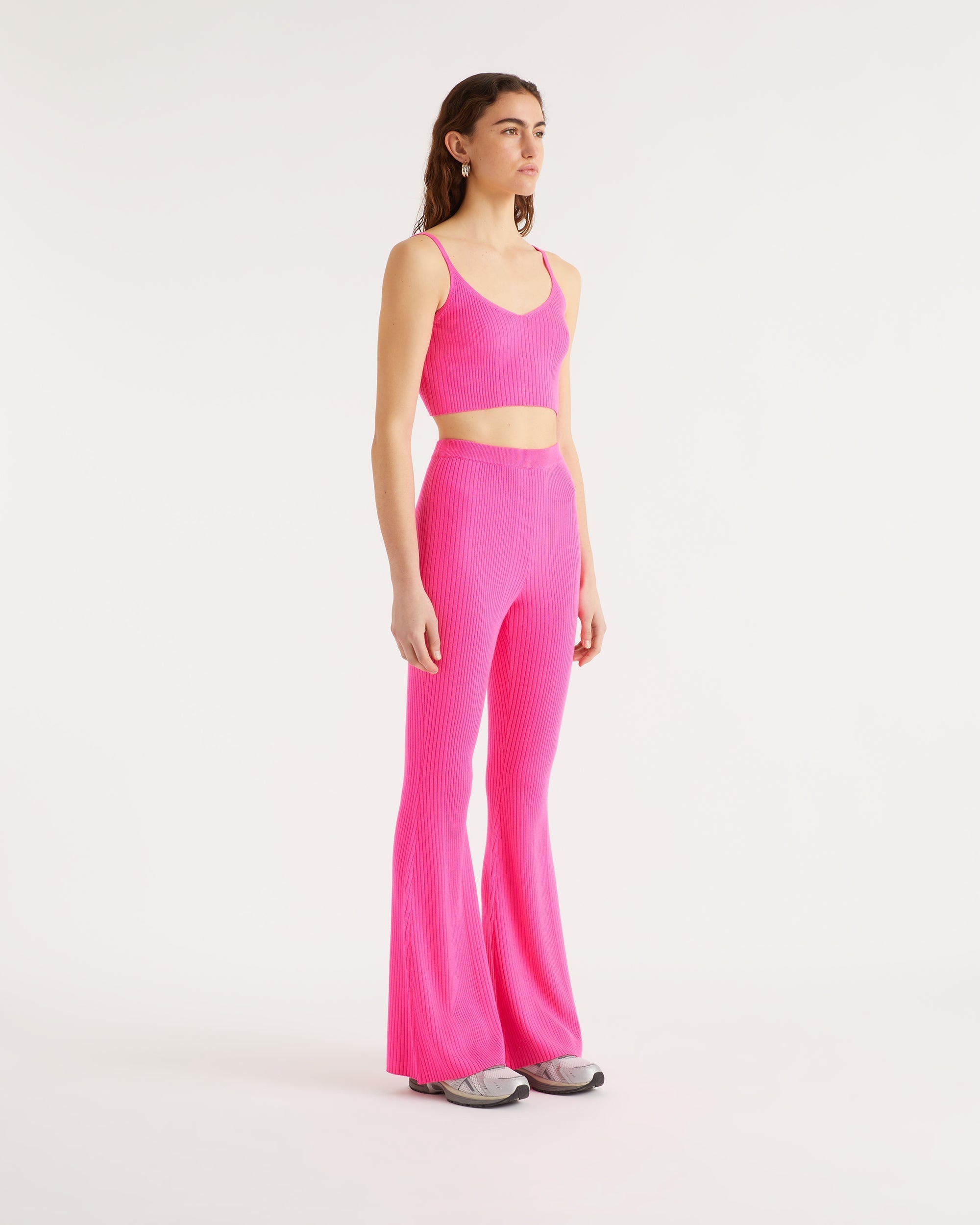 Pantalon flare à côtes en laine mérinos - Summer Fuchsia