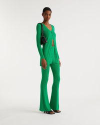 Pantalon flare à côtes en laine mérinos - Summer Green