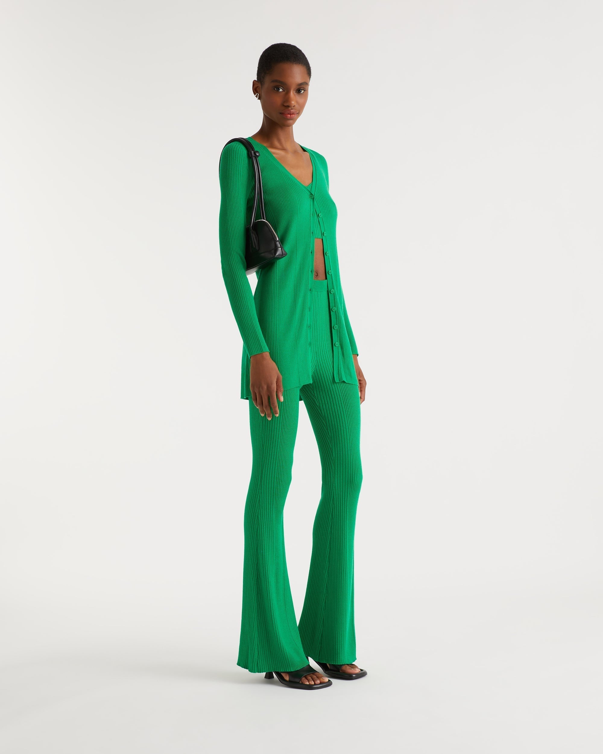 Pantalon flare à côtes en laine mérinos - Summer Green