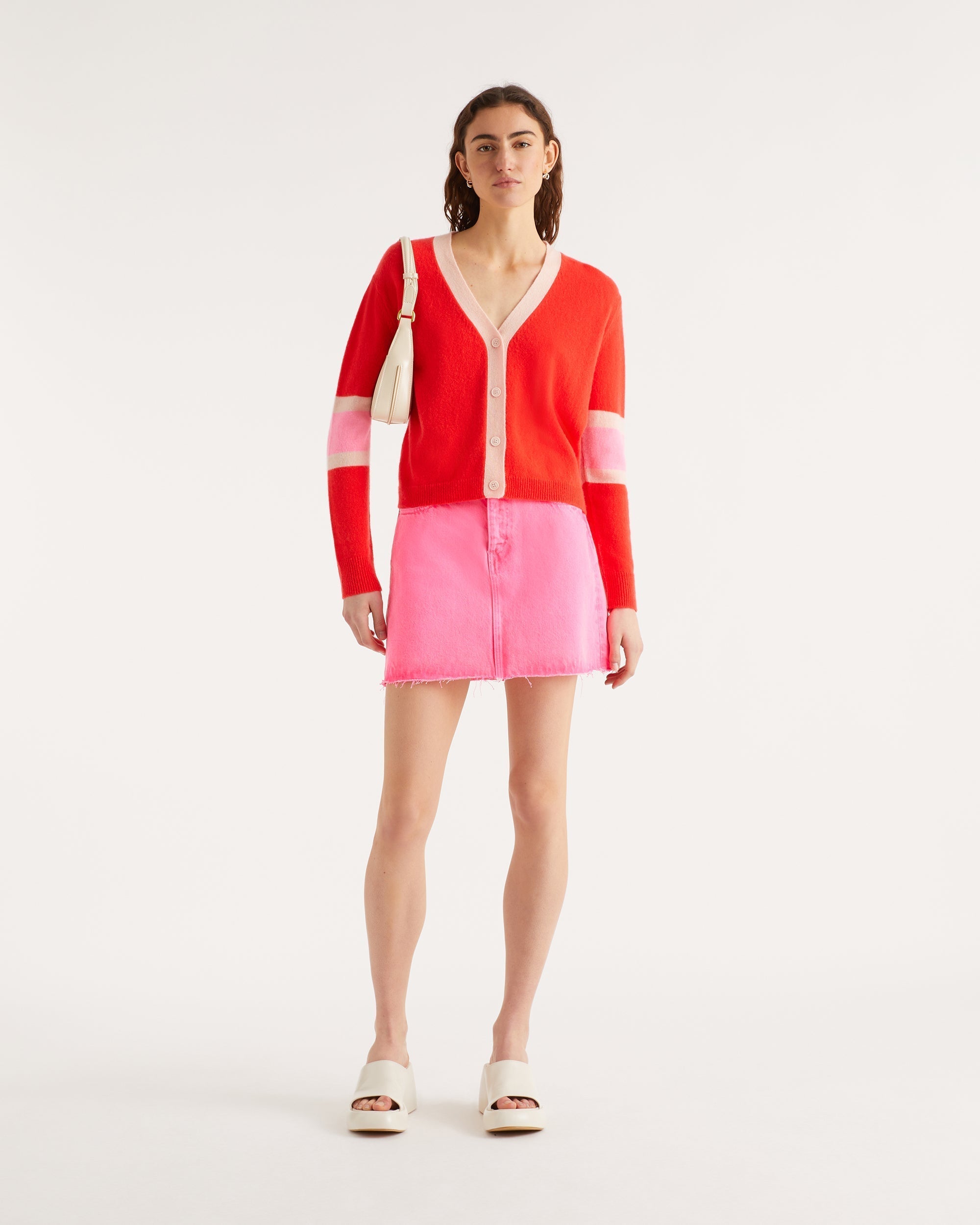 Cardigan court tricolore en cachemire - Bright Red