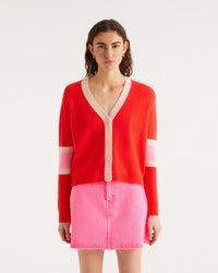 Cardigan court tricolore en cachemire - Bright Red