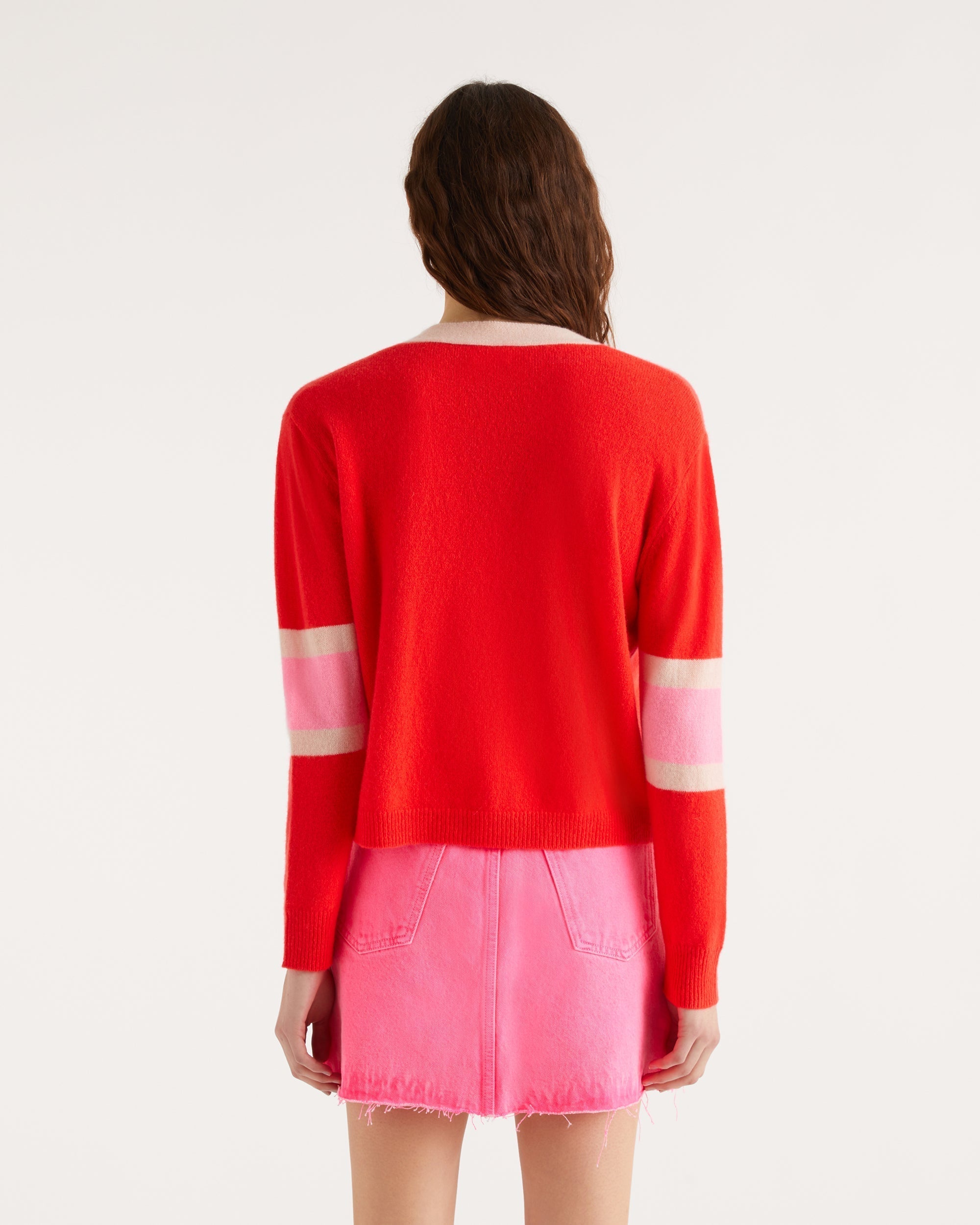 Cardigan court tricolore en cachemire - Bright Red