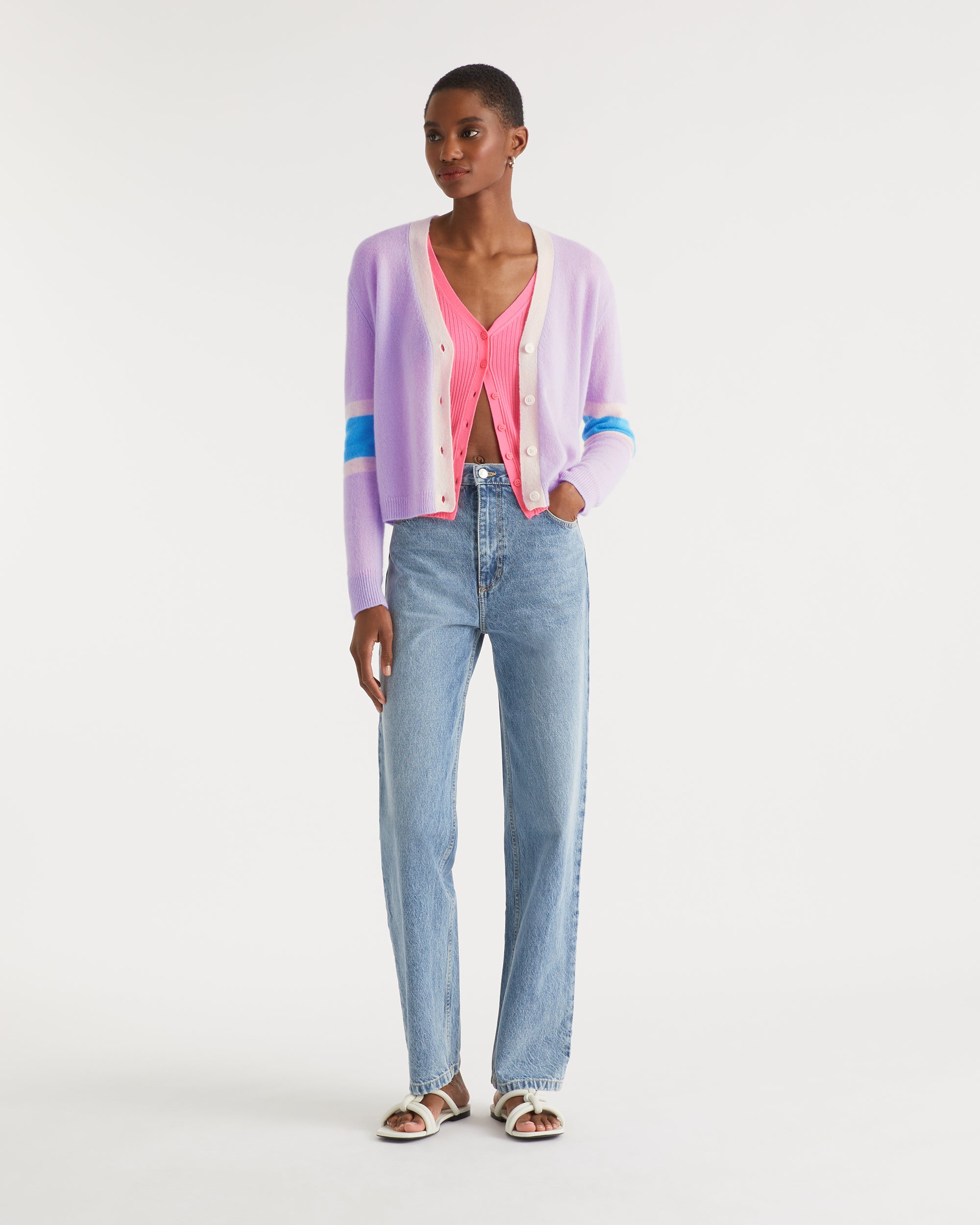 Cardigan court tricolore en cachemire - Lilac