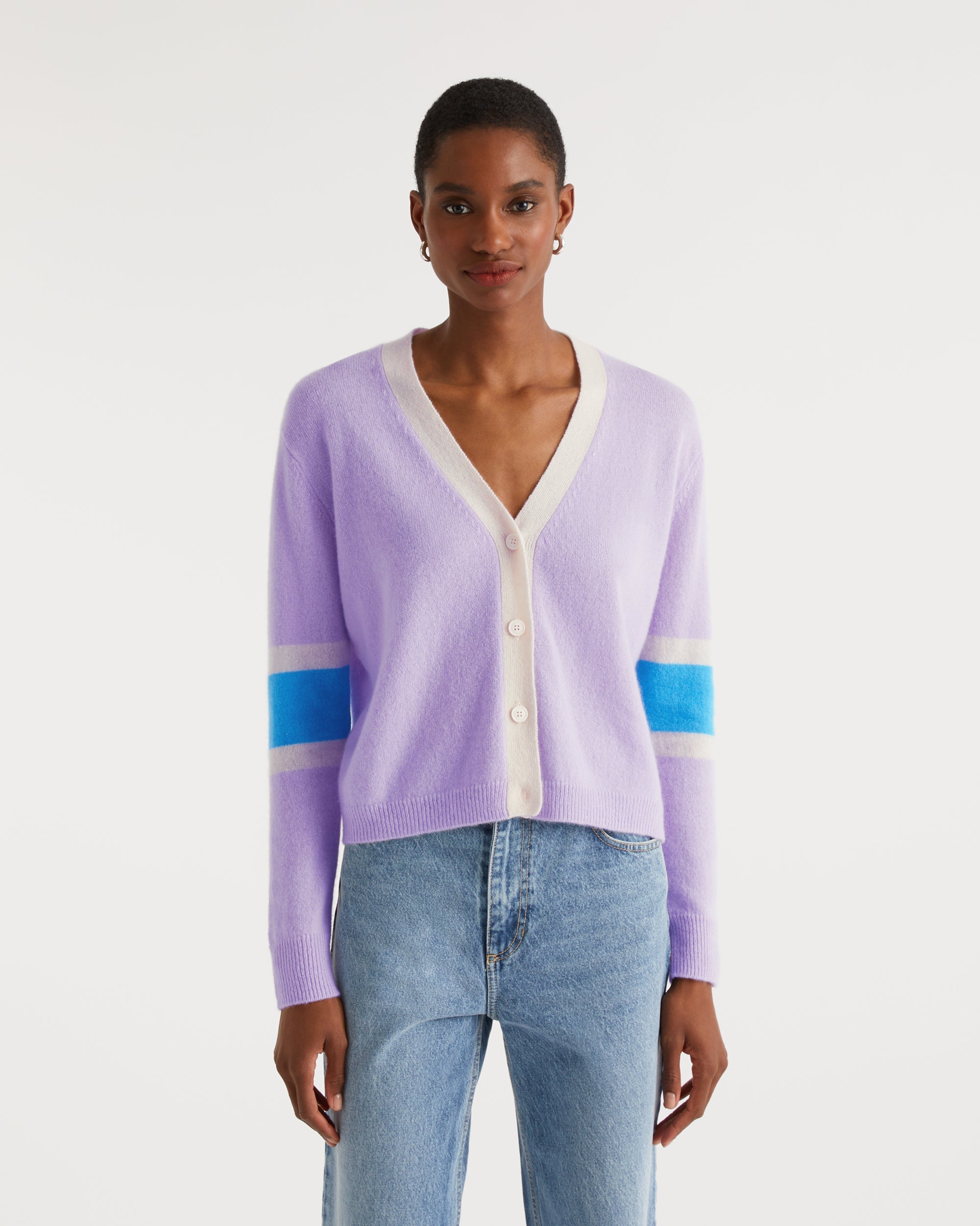 Cardigan court tricolore en cachemire - Lilac