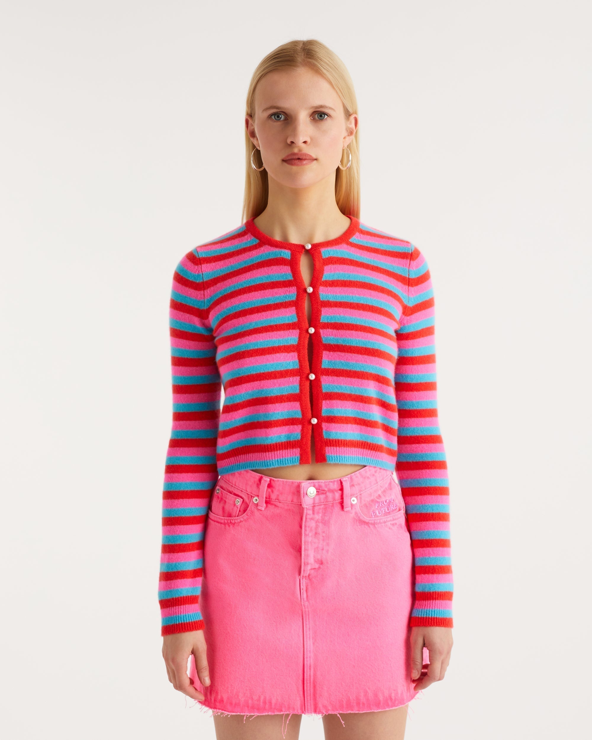 Cardigan court à rayures et perles en cachemire - Bright Red