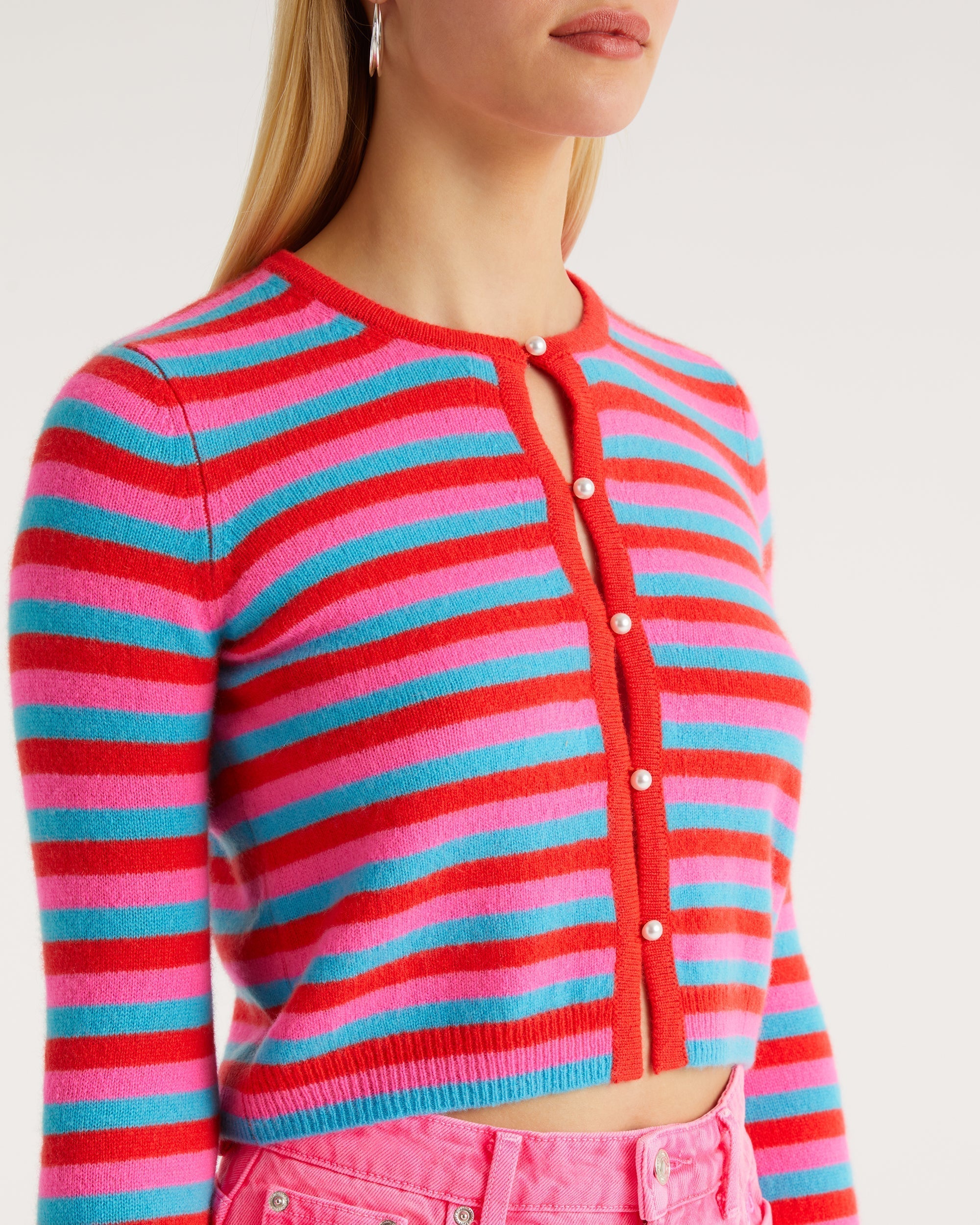 Cardigan court à rayures et perles en cachemire - Bright Red