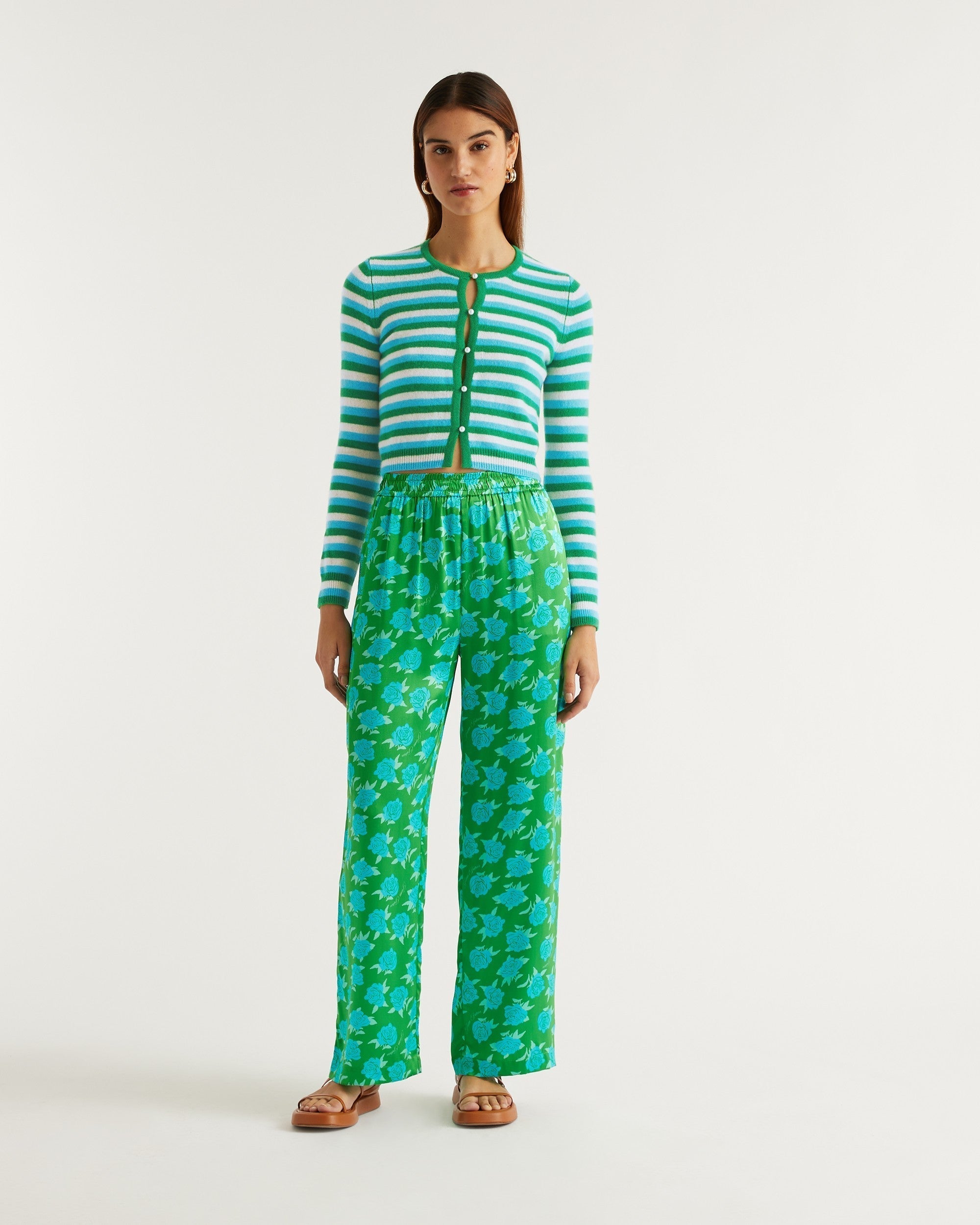 Cardigan court à rayures et perles en cachemire - Summer Green