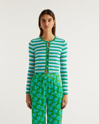 Cardigan court à rayures et perles en cachemire - Summer Green
