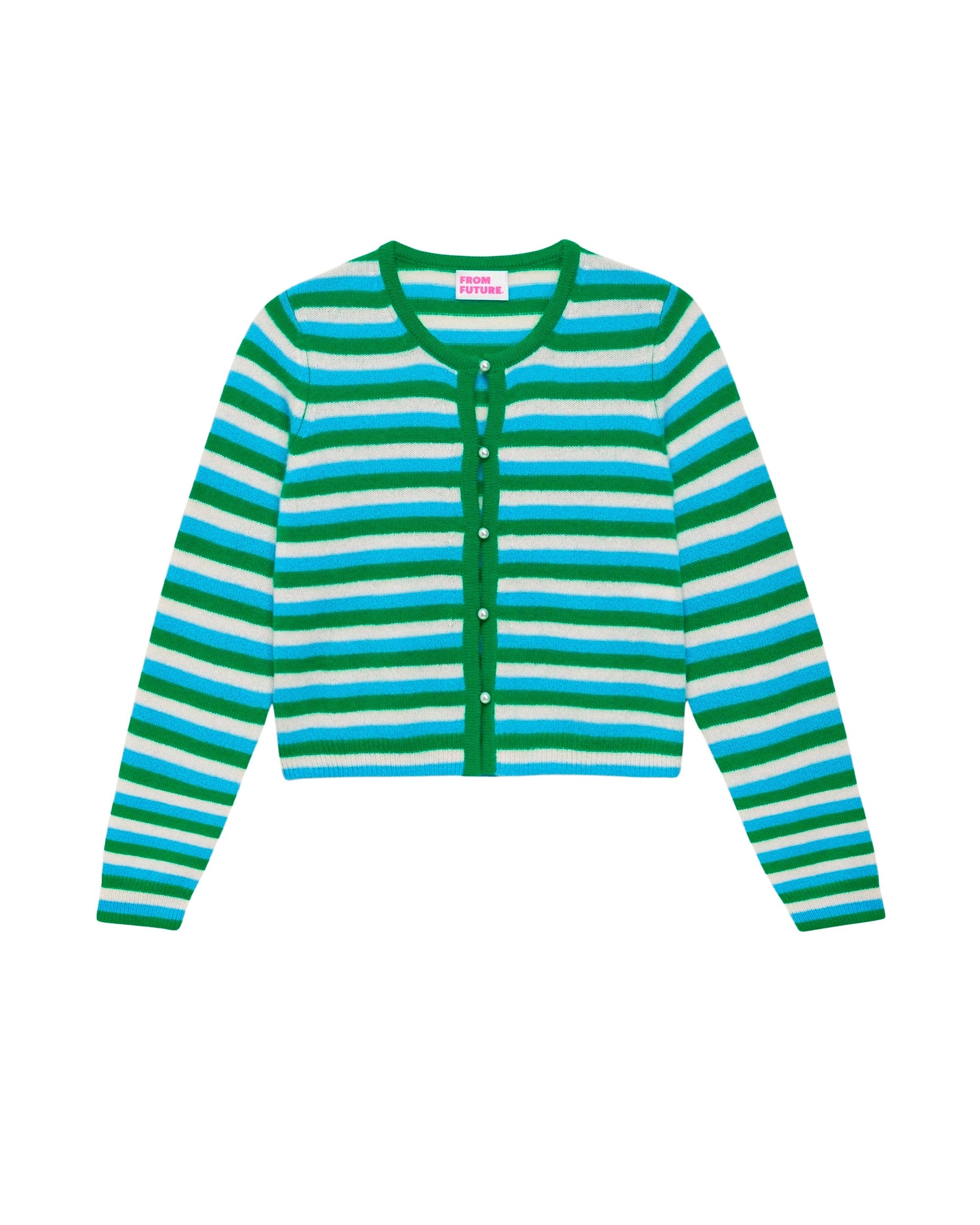 Cardigan court à rayures et perles en cachemire - Summer Green