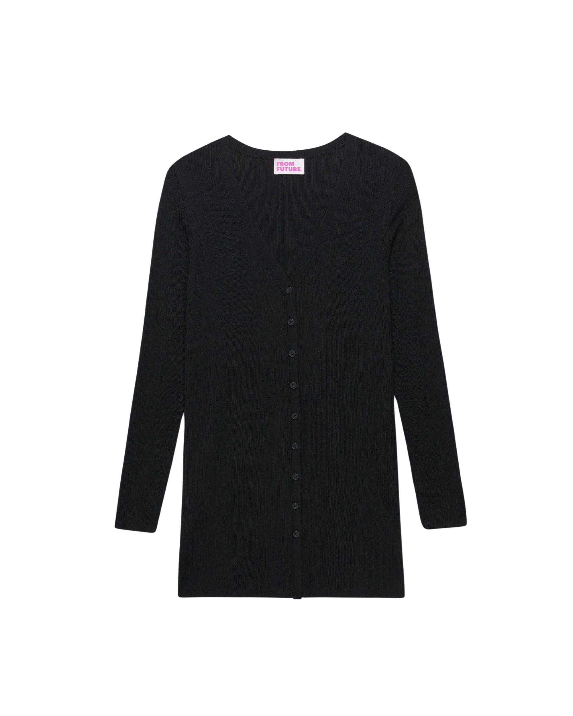 Cardigan long classique à côtes en laine mérinos - Black