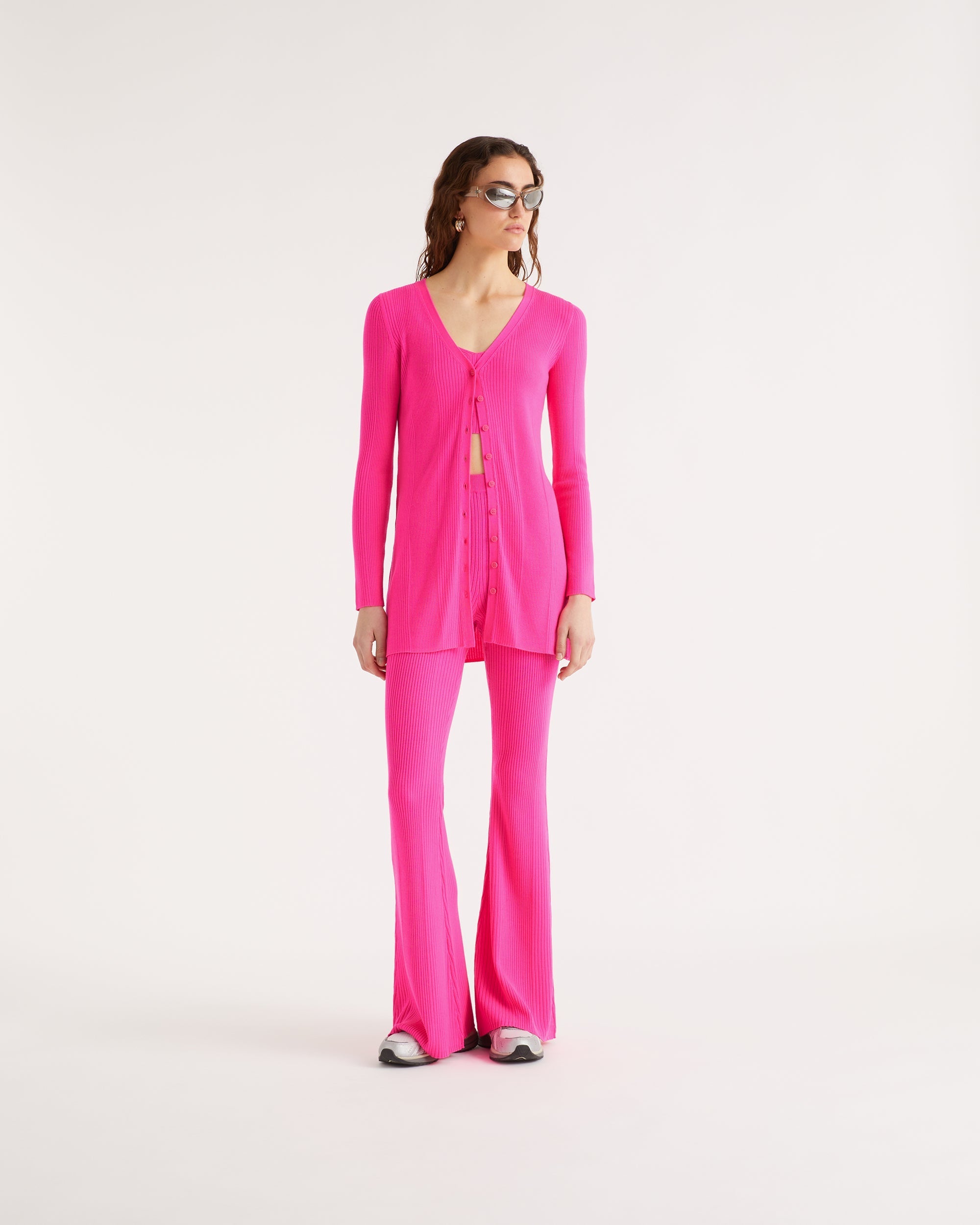 Cardigan long classique à côtes en laine mérinos - Summer Fuchsia