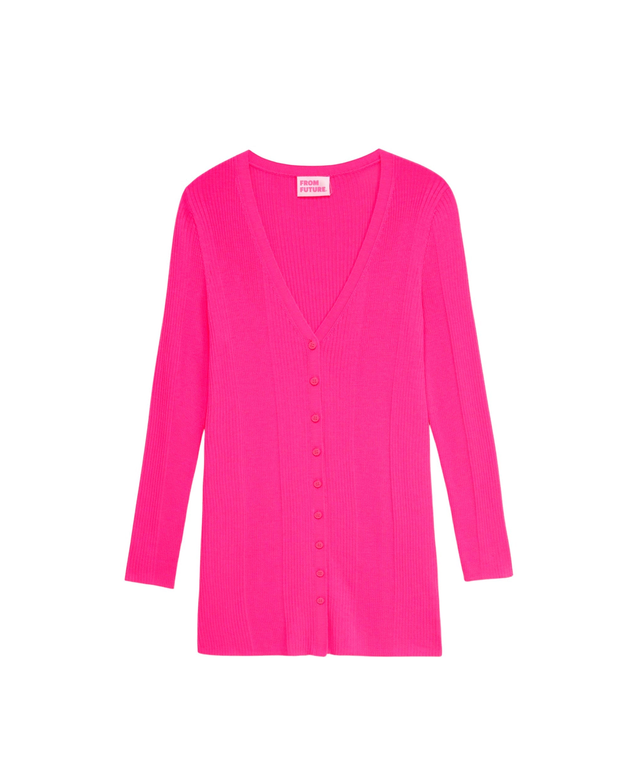 Cardigan long classique à côtes en laine mérinos - Summer Fuchsia