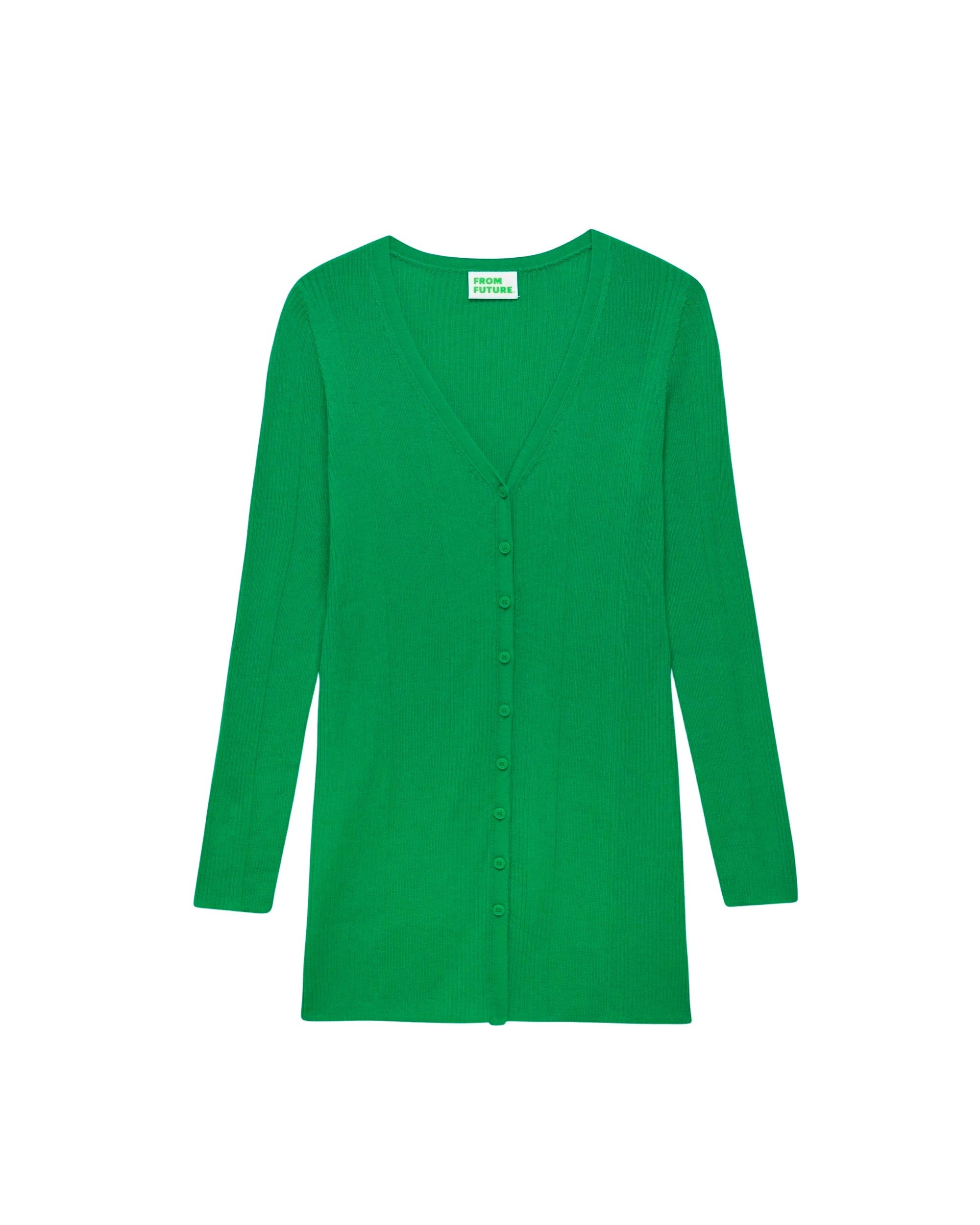 Cardigan long classique à côtes en laine mérinos - Summer Green
