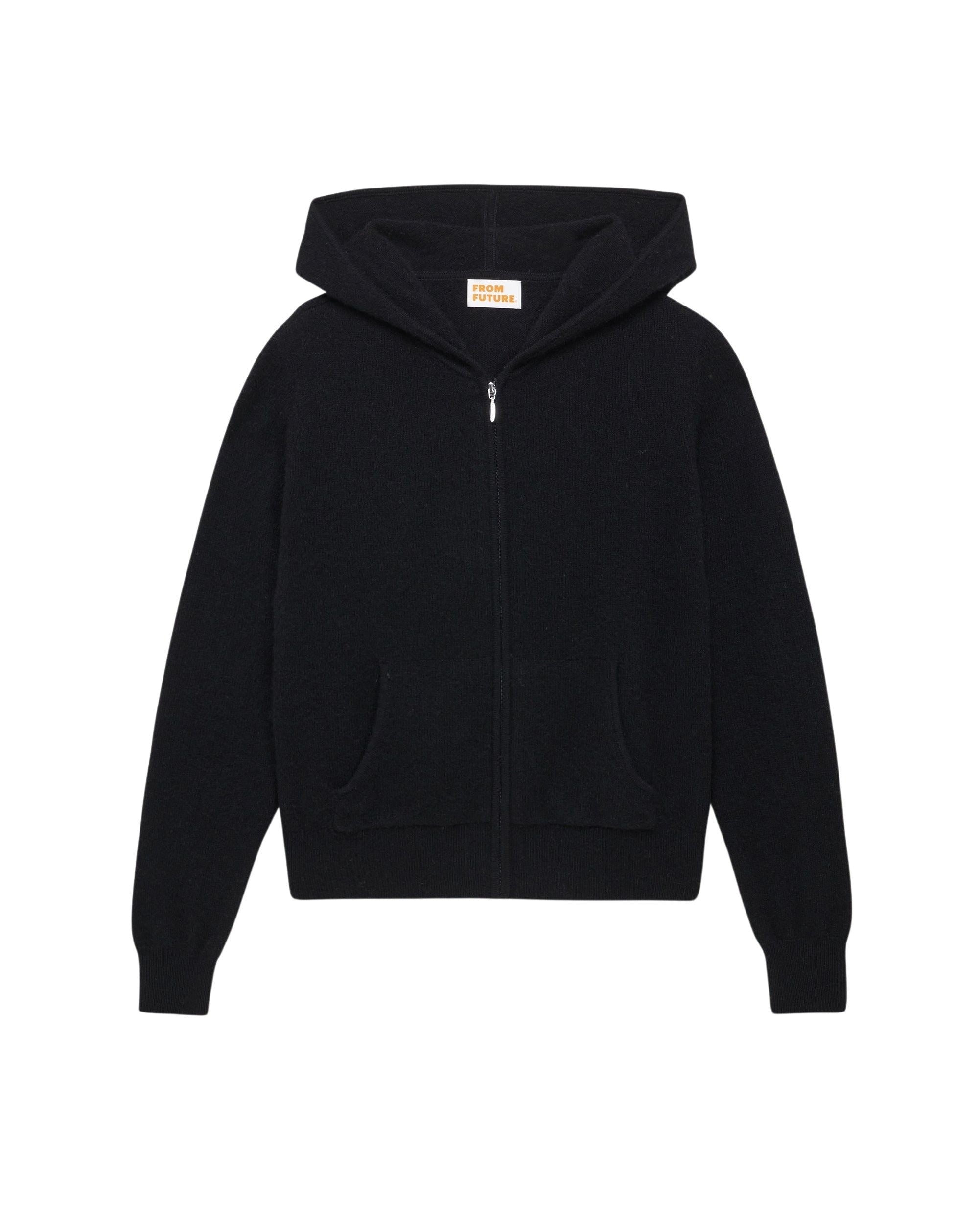Hoodie court zippé classique en cachemire - Black