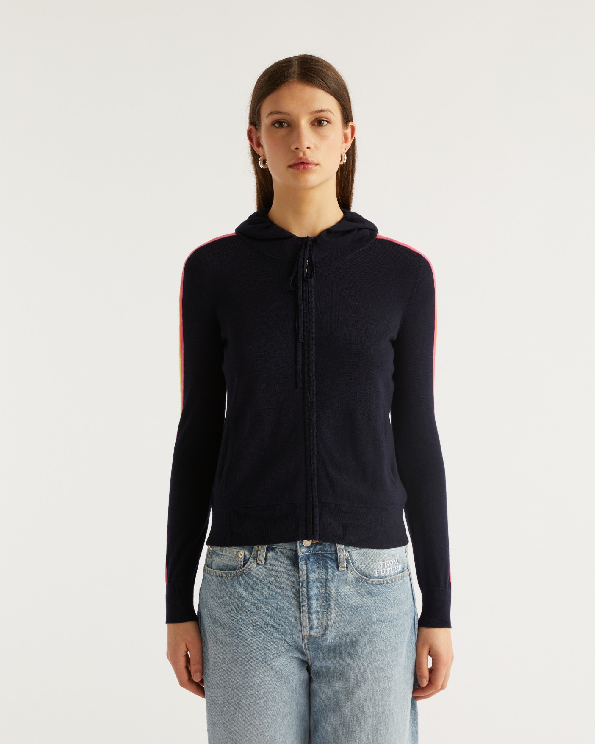 Hoodie zippé à bande multicolore en laine mérinos - Holiday Pink