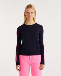 Pull à bande aux manches en laine mérinos - Navy