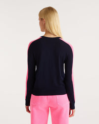 Pull à bande aux manches en laine mérinos - Navy