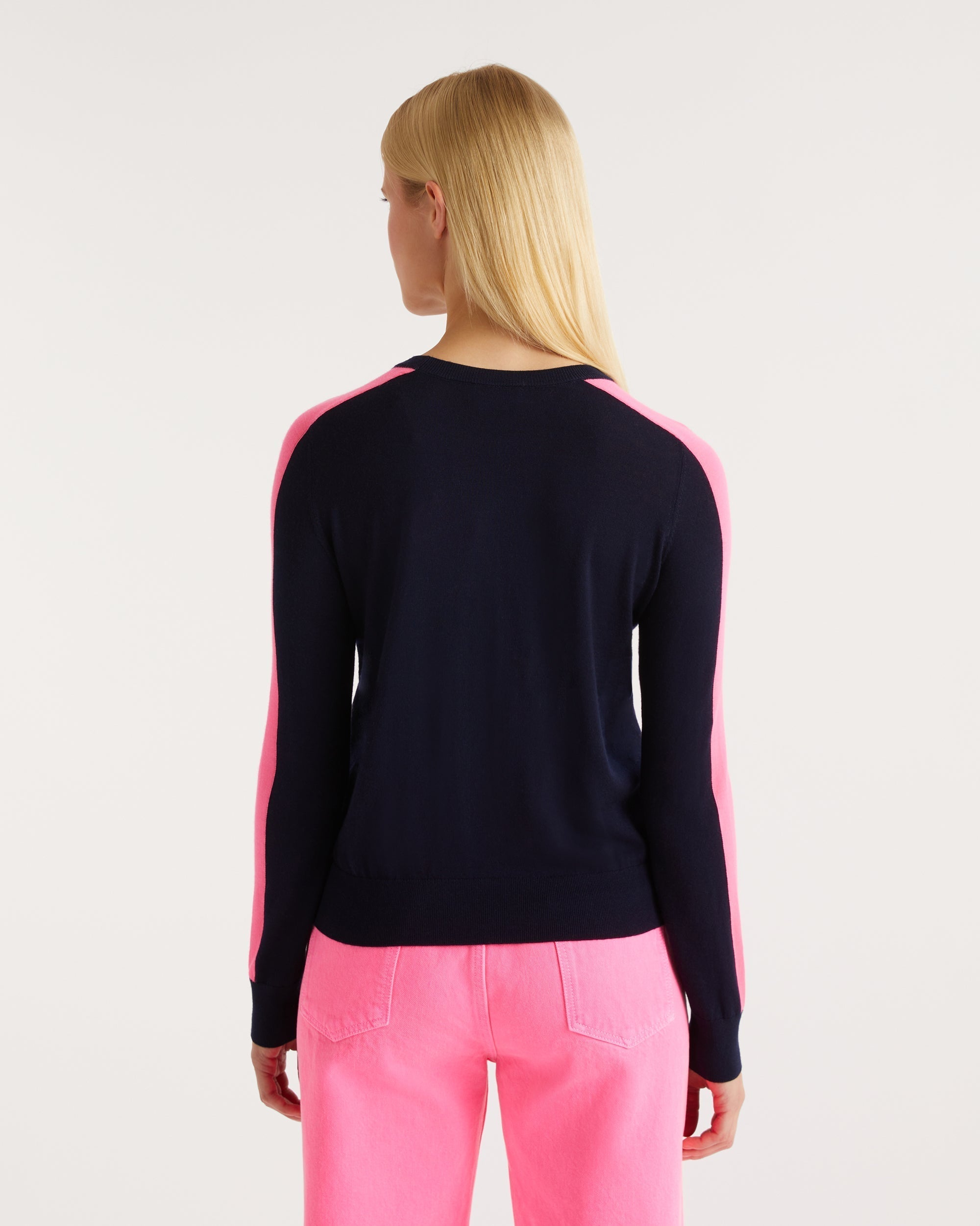 Pull à bande aux manches en laine mérinos - Navy