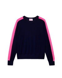 Pull à bande aux manches en laine mérinos - Navy