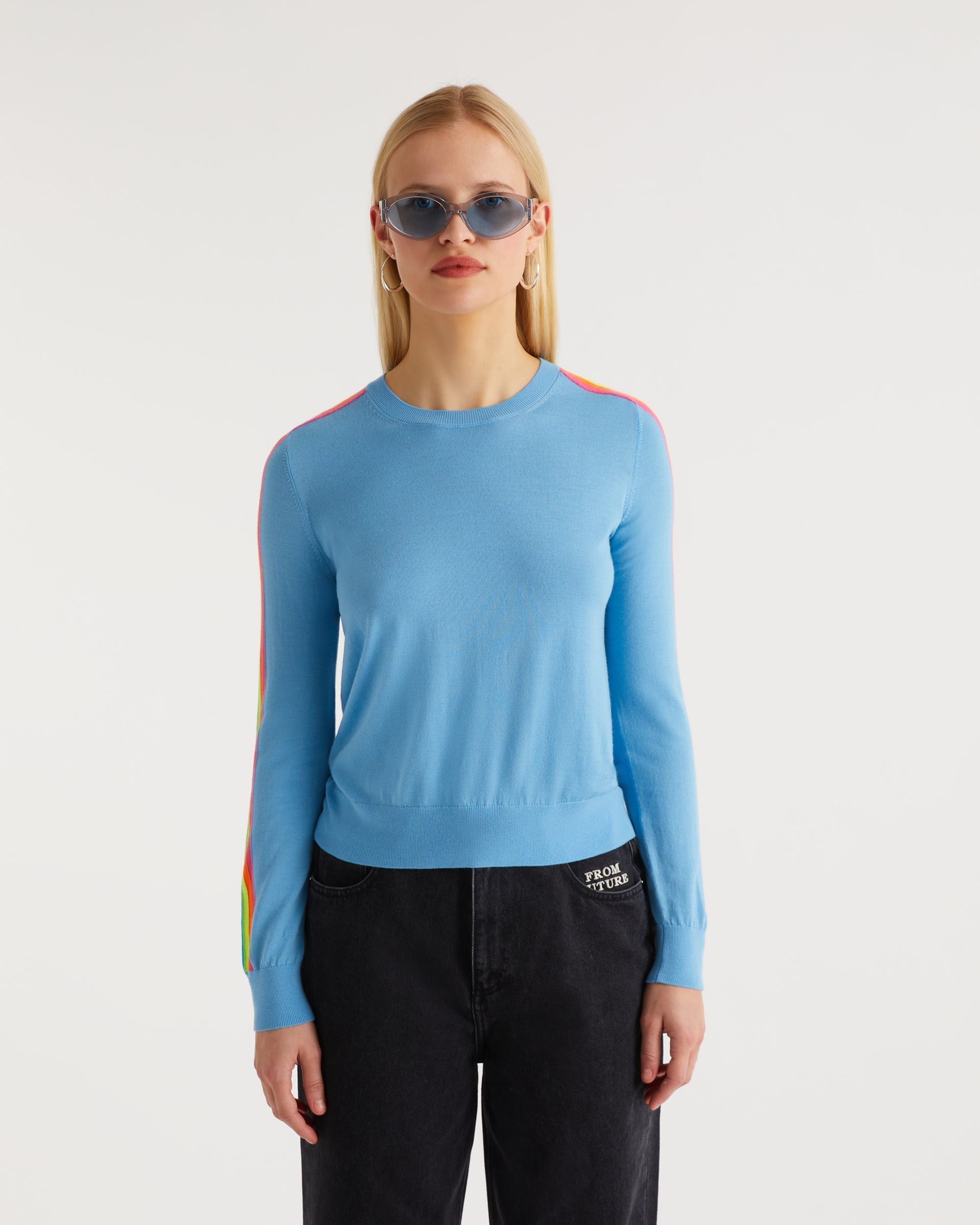 Pull à manches multicolores en laine mérinos - Sunrise Blue