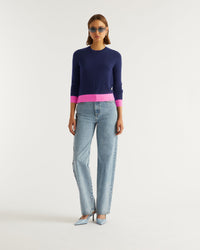 Pull à bord contrasté en laine mérinos - Navy