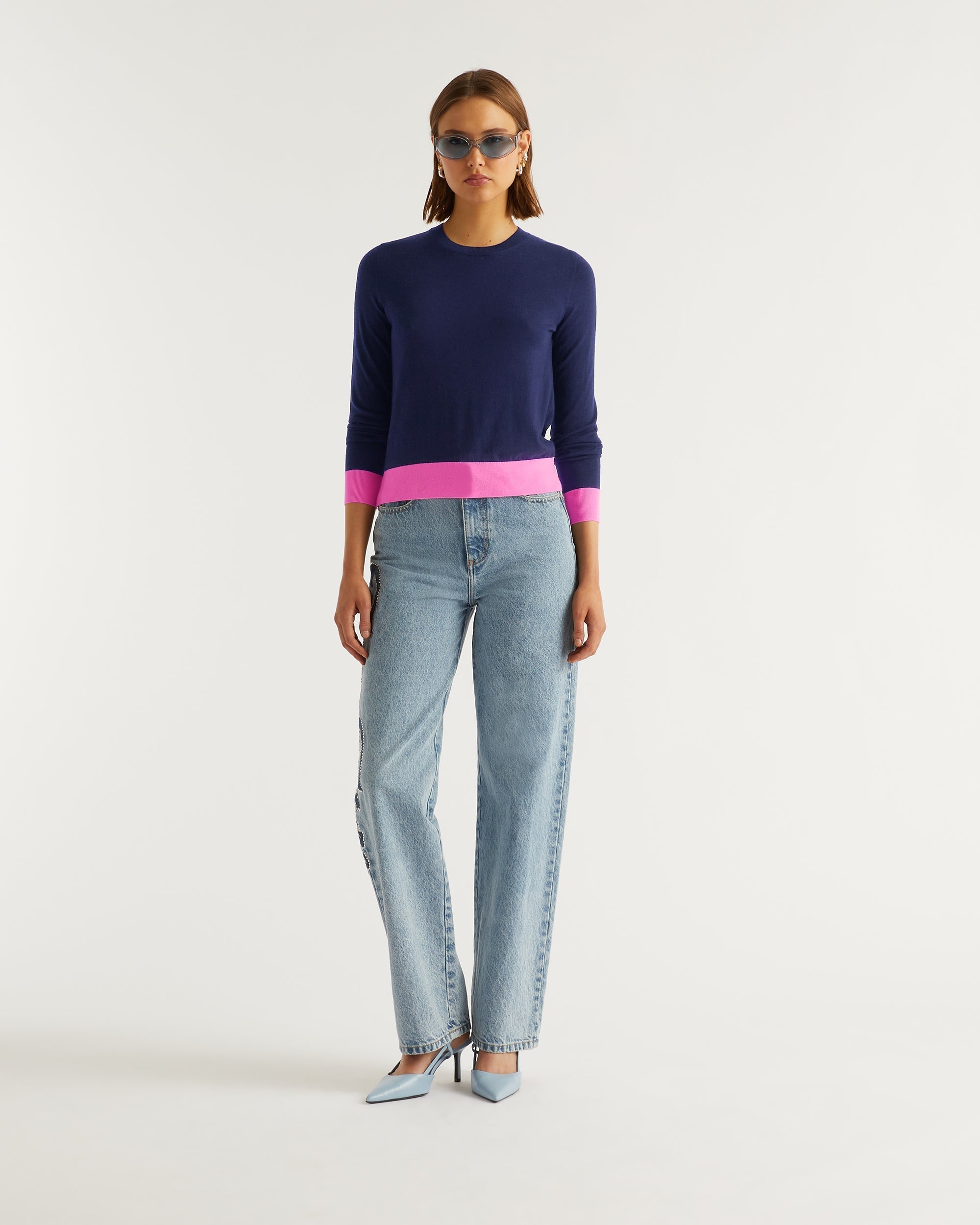 Pull à bord contrasté en laine mérinos - Navy