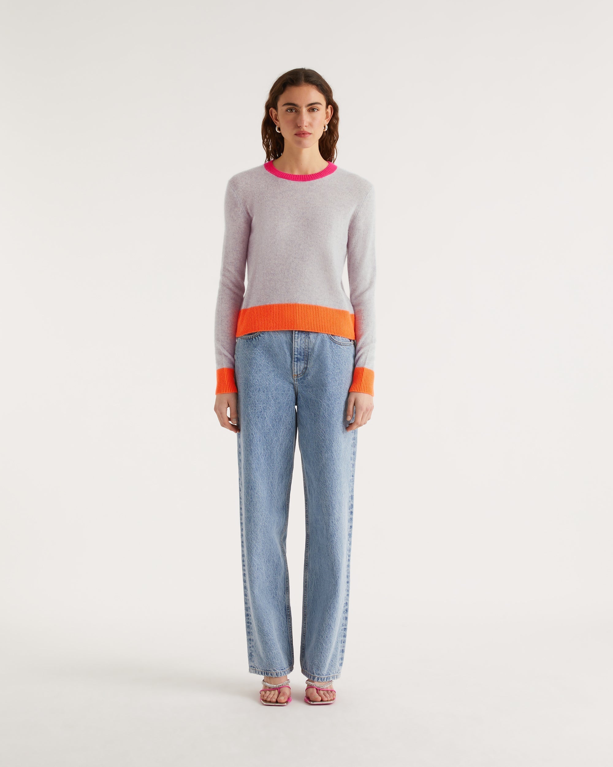 Pull Light à bord bicolore en cachemire - Light Heather Gray