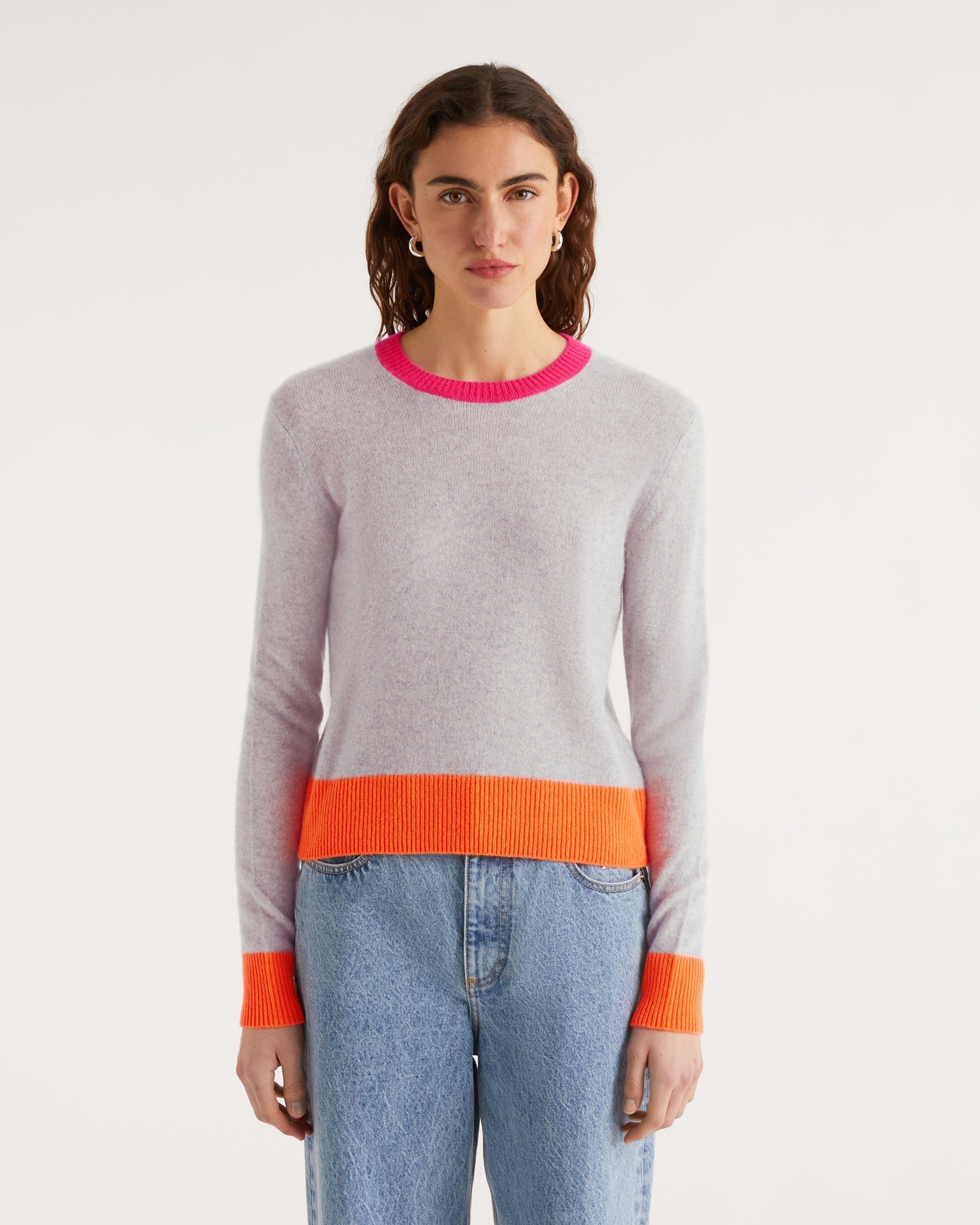 Pull Light à bord bicolore en cachemire - Light Heather Gray
