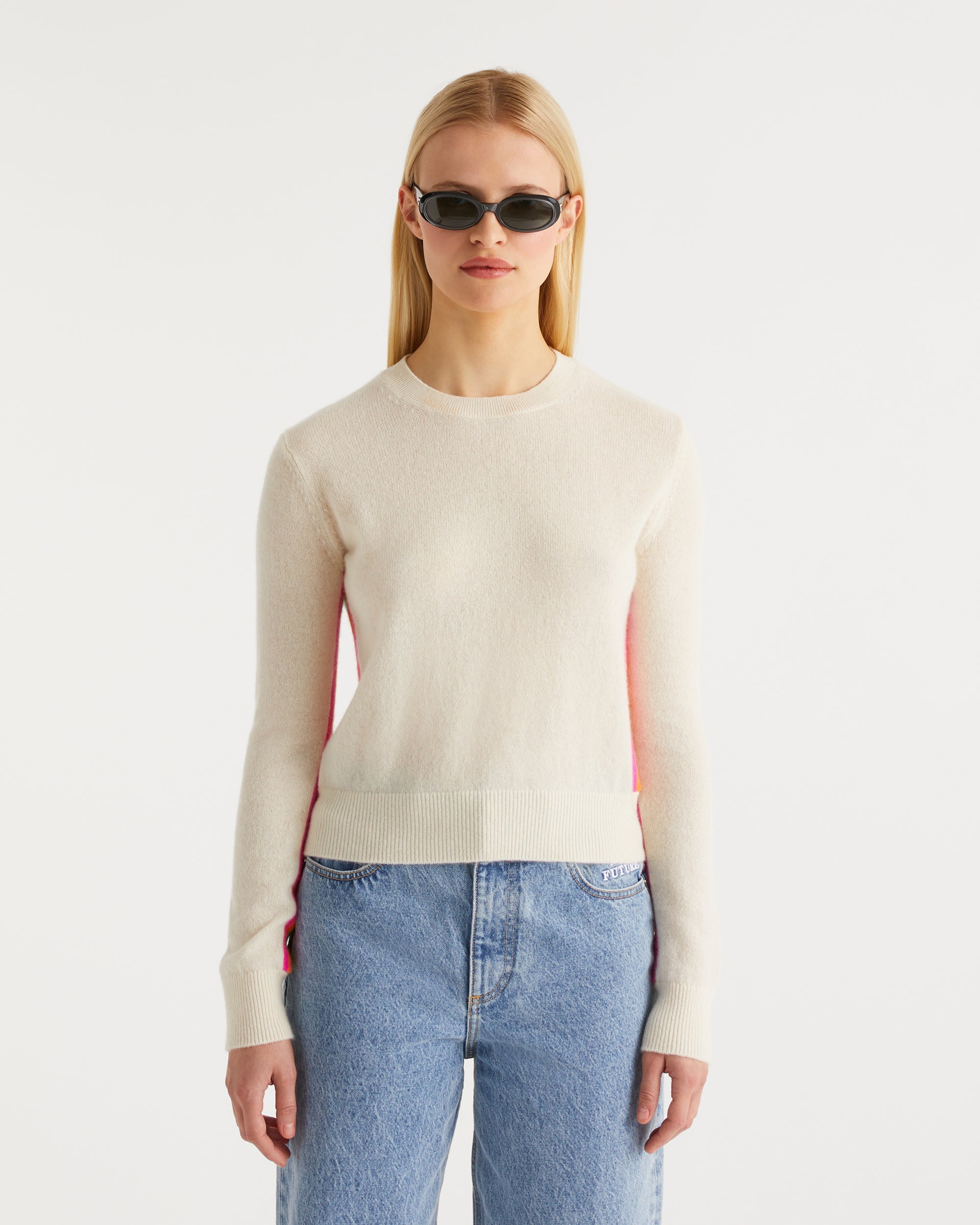 Pull à bande multicolore en cachemire - Ecru